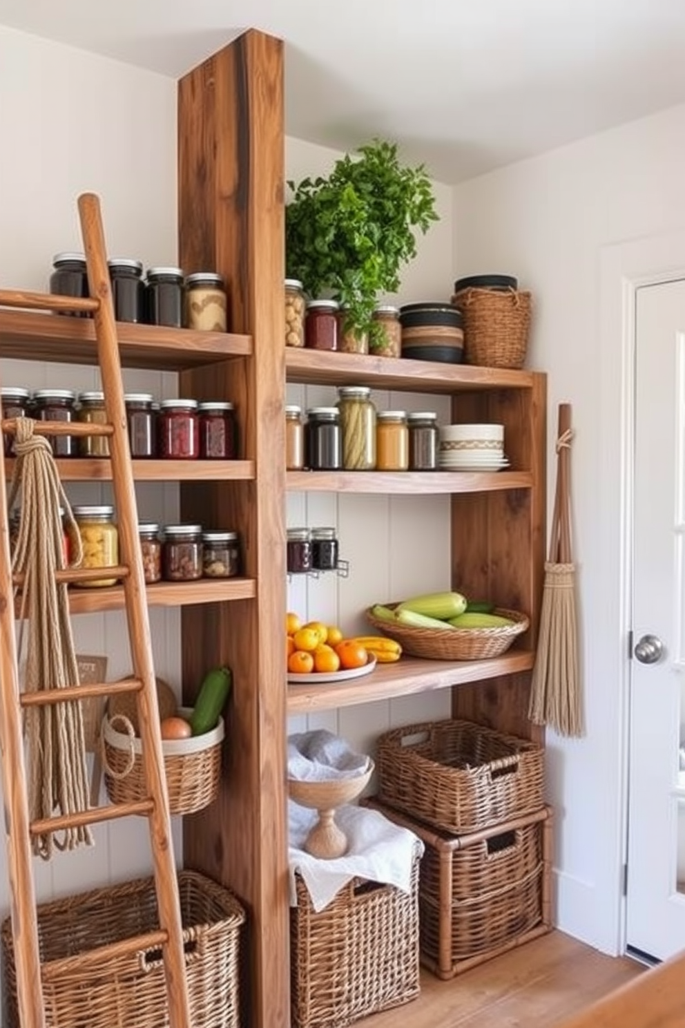 A cozy farmhouse-style food pantry features reclaimed wood shelving that showcases jars of preserved goods and fresh produce. The walls are painted in a soft white hue, complemented by rustic accents such as a vintage ladder and woven baskets for storage.