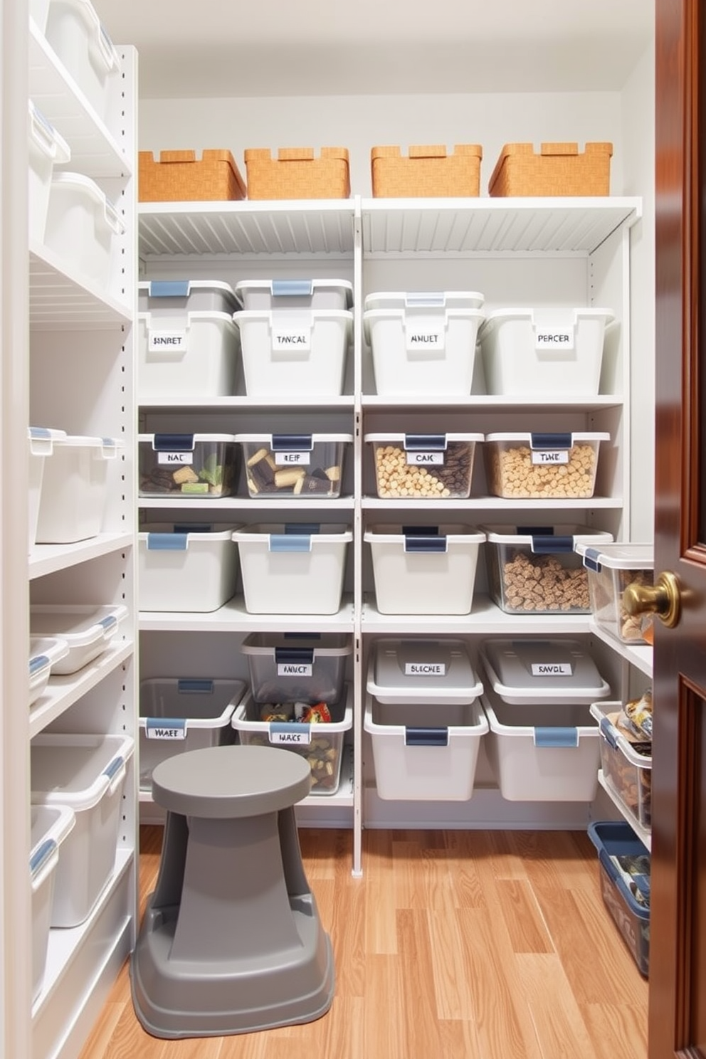 Create a modern food pantry design featuring stackable bins for efficient storage. The bins are arranged neatly on adjustable shelves, with labels for easy identification of contents. The pantry walls are painted a soft white to enhance brightness, and the floor is a light hardwood for warmth. A small, stylish step stool is positioned in one corner to access higher shelves easily.