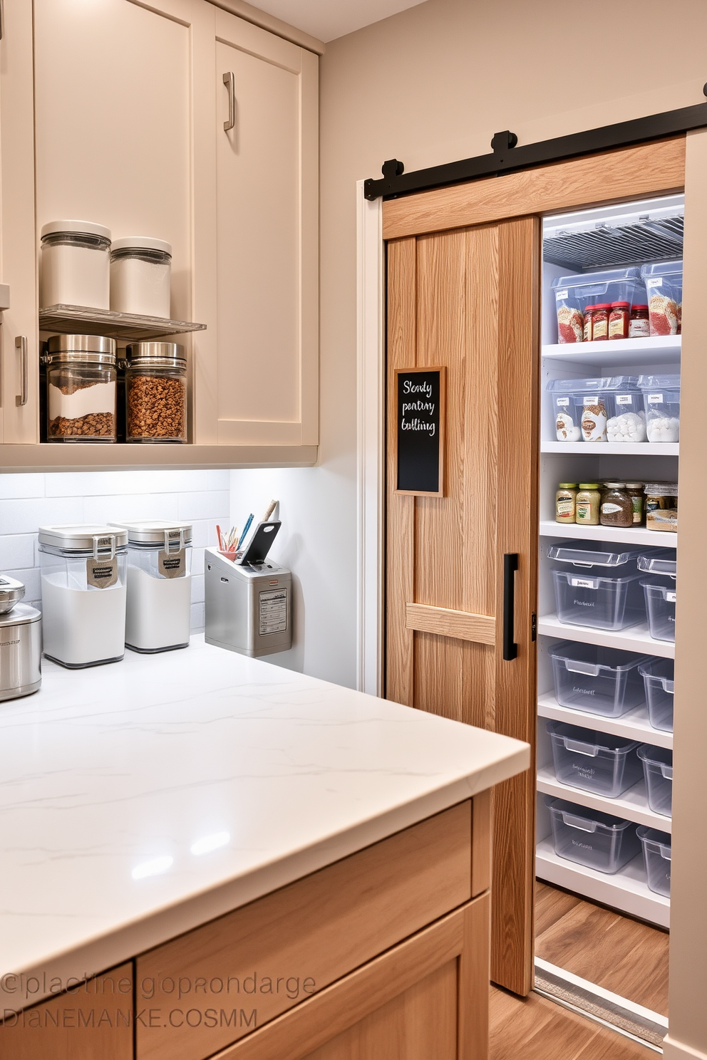 A dedicated baking zone features a spacious countertop with a marble finish and under-cabinet lighting for a warm ambiance. Stylish organizers are neatly arranged, including a tiered spice rack and labeled containers for flour and sugar, creating an efficient and inviting workspace. The food pantry design showcases custom shelving that maximizes vertical space, filled with clear bins for easy visibility. A sliding barn door adds a rustic touch, while a small chalkboard on the wall allows for quick notes on grocery lists or meal planning.