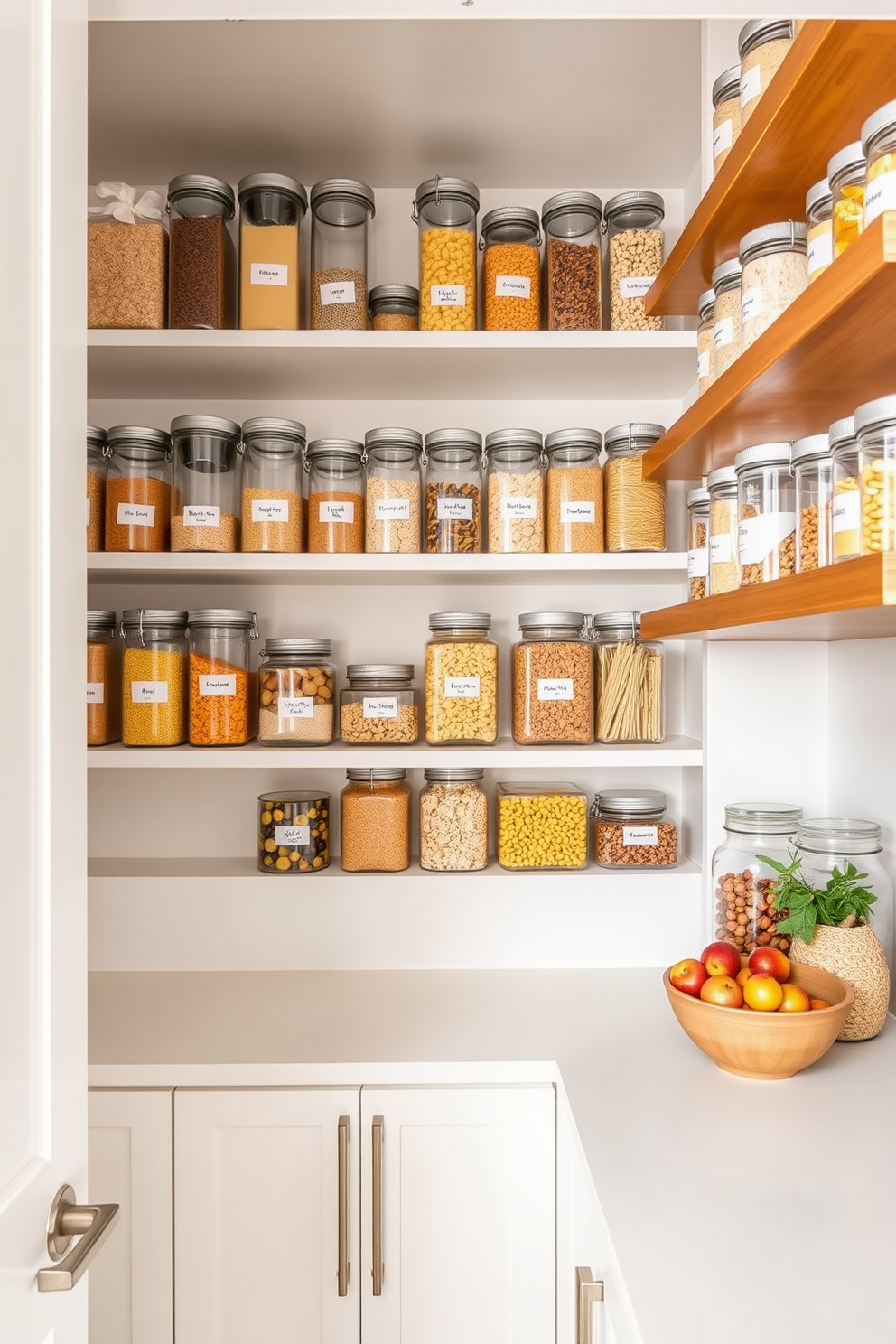 A modern food pantry featuring clear containers for easy visibility and organization. The shelves are filled with an assortment of labeled glass jars, neatly arranged to showcase colorful grains, pasta, and snacks. The walls are painted in a soft white to enhance brightness, complemented by warm wooden shelving for a cozy feel. A small countertop area includes a stylish fruit bowl and a decorative plant, adding a touch of greenery to the space.