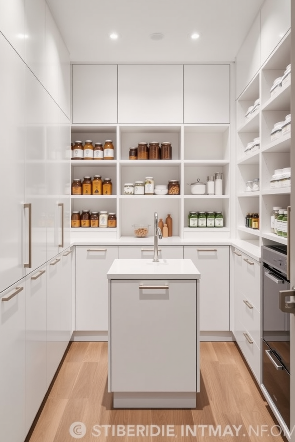 A sleek modern pantry design features clean lines and a minimalist aesthetic. The cabinetry is finished in a matte white with integrated handles, creating a seamless look. Open shelving displays neatly organized jars and containers, adding a touch of warmth and accessibility. A small, stylish island in the center provides additional storage and workspace, making the pantry functional yet elegant.