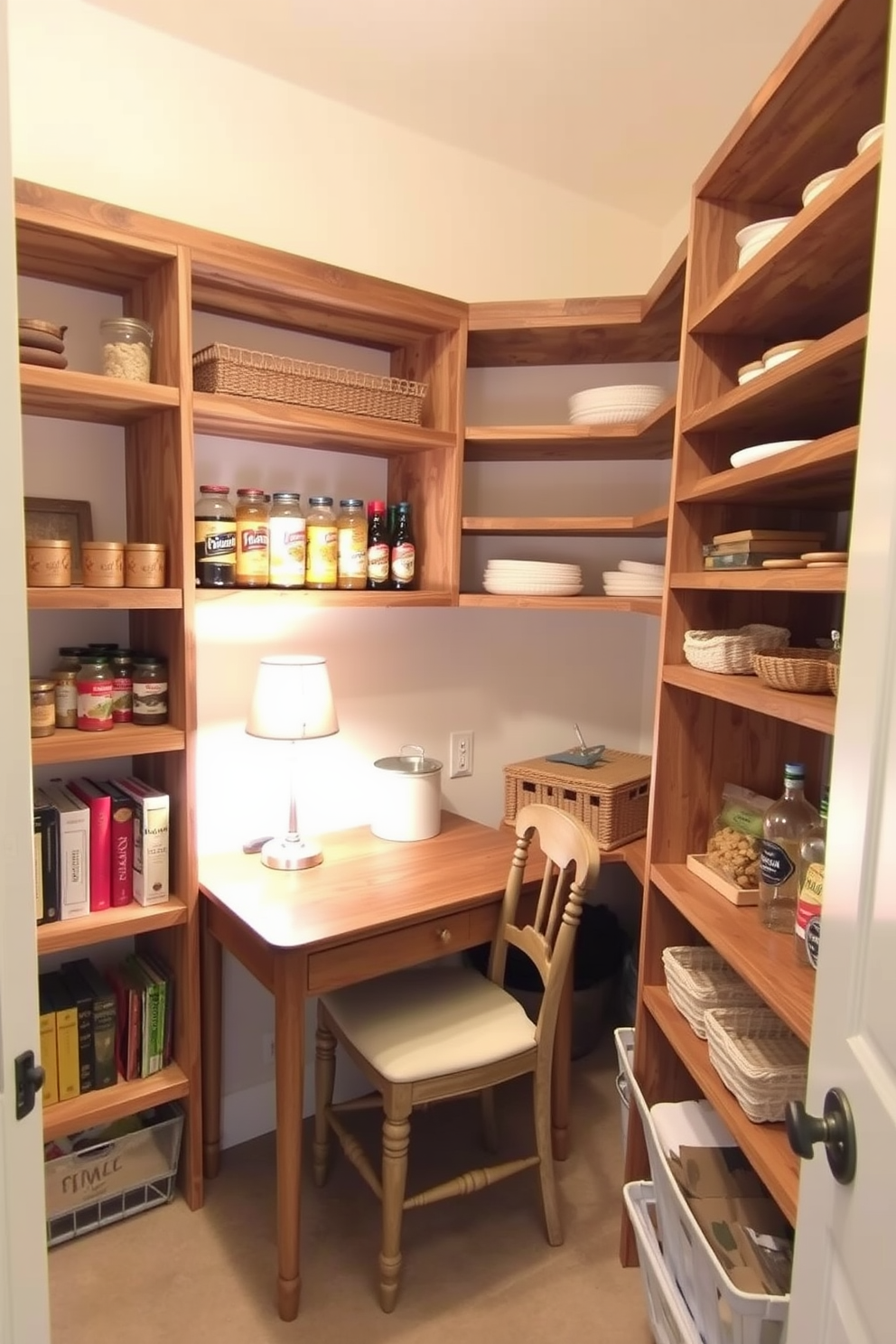 A cozy food pantry with open shelving made of reclaimed wood. The walls are painted in a soft cream color, and a small desk area is tucked into one corner, featuring a vintage-style chair and a decorative lamp.