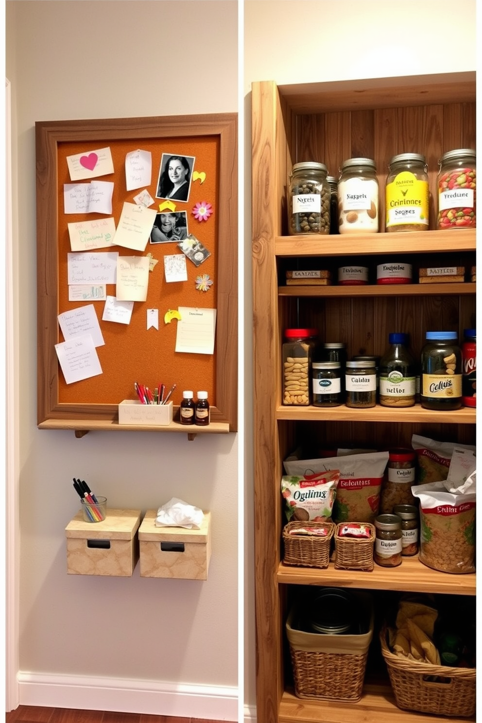 Create a cozy family message board area featuring a large corkboard framed in rustic wood. The board is filled with colorful notes, reminders, and photos, while a small shelf below holds decorative boxes for organizing pens and supplies. Design a functional food pantry with open shelving made of reclaimed wood. The shelves are neatly arranged with labeled jars and baskets, showcasing a variety of dry goods, snacks, and canned items for easy access.