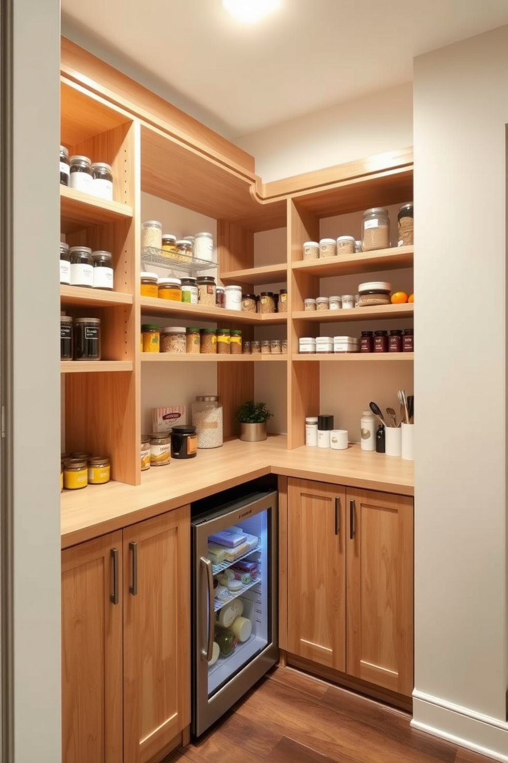 A modern food pantry featuring a small refrigerator for convenience. The pantry is designed with open shelving made of light wood, displaying neatly organized jars and containers of dry goods. In the corner, a compact refrigerator blends seamlessly with the cabinetry, providing easy access to fresh ingredients. The walls are painted in a soft cream color, creating a warm and inviting atmosphere.