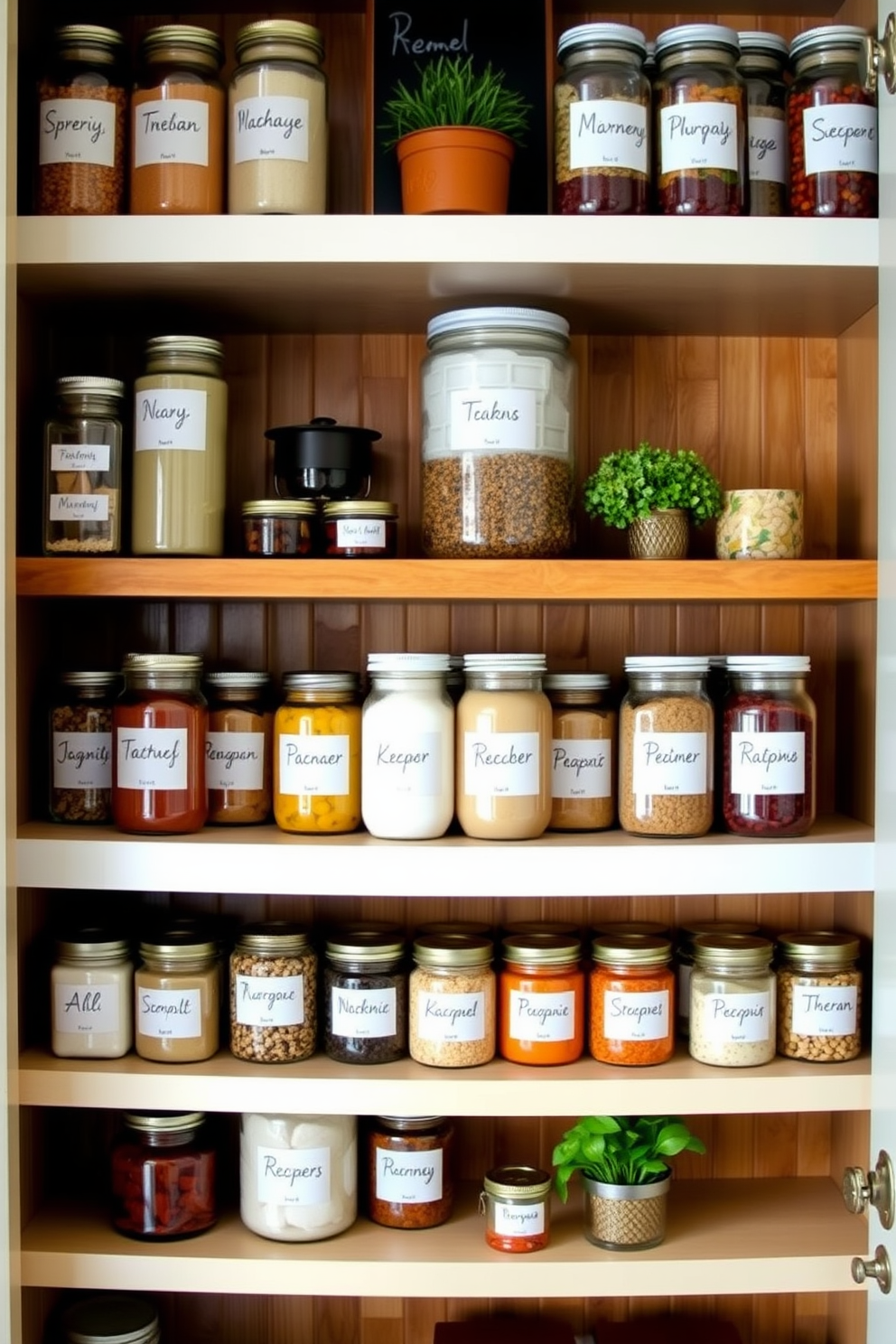 Create a food pantry that showcases labeled jars for quick identification. The jars are organized on shelves, with clear labels in a stylish font for easy access to ingredients. Incorporate a warm color palette with wooden shelves and a cozy ambiance. Add decorative elements like small potted herbs and a chalkboard for notes or recipes.