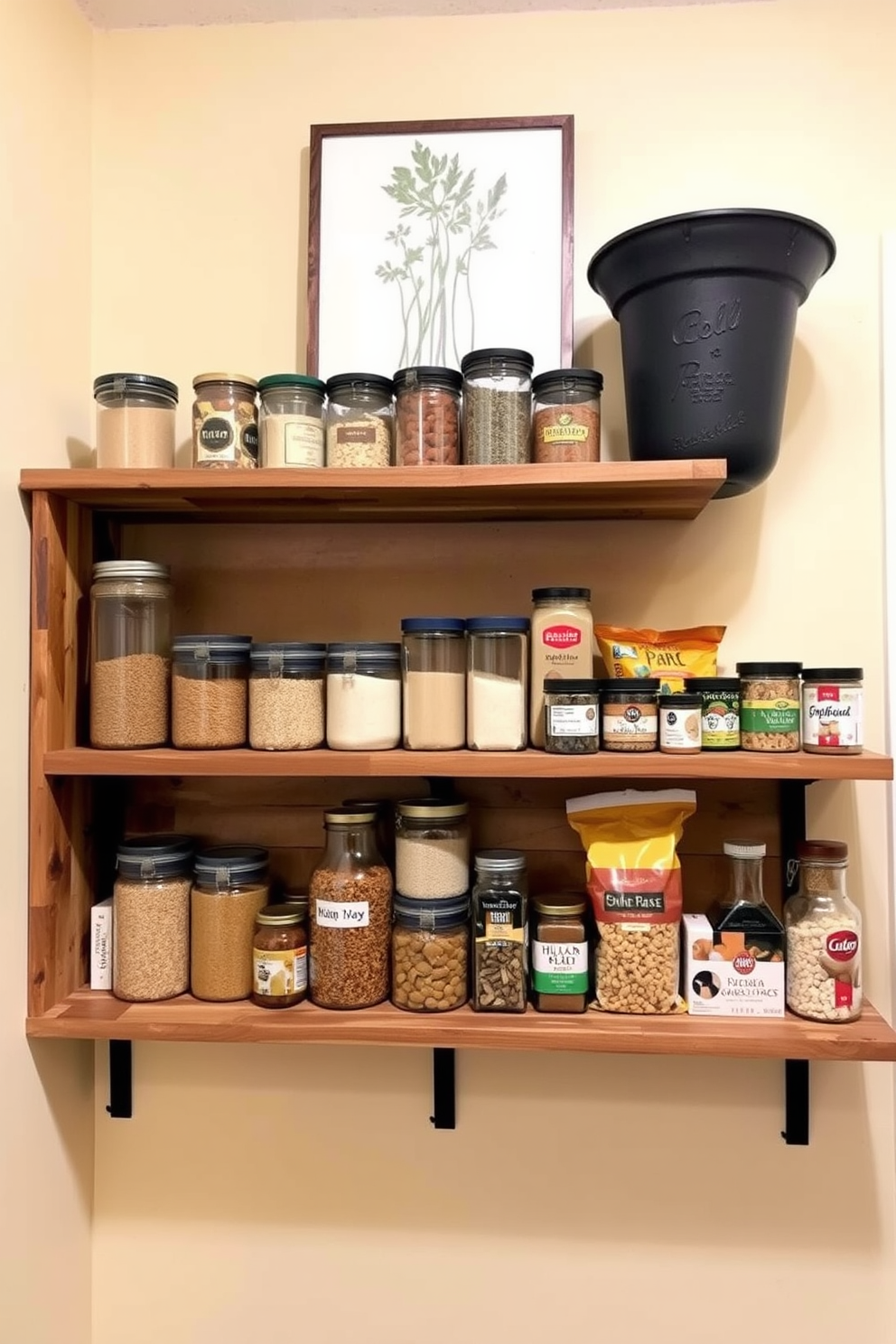 A charming food pantry design with custom shelving made from reclaimed wood. The walls are painted in a warm cream color, complementing the natural wood tones and creating an inviting atmosphere. On the shelves, neatly organized jars and containers display a variety of grains, spices, and snacks. A piece of artwork depicting fresh herbs hangs above the shelves, adding a personal touch to the space.