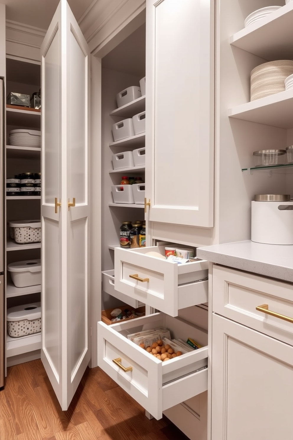 A functional food pantry with pull-out drawers designed for easy access to hidden items. The cabinetry is finished in a soft white, complemented by sleek brass handles, and the interior features organized bins for dry goods.