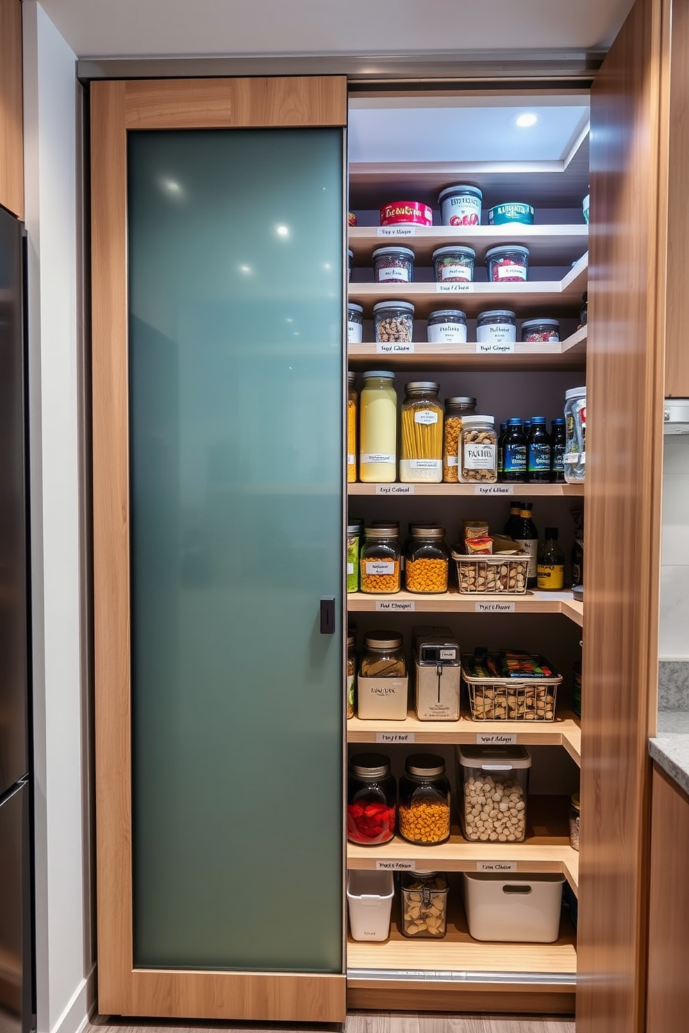 A modern food pantry featuring tiered shelving that maximizes vertical space. The shelves are made of light wood and neatly organized with labeled glass jars, baskets, and containers for easy access to ingredients. The pantry door is a sleek sliding design with a frosted glass panel, allowing for a contemporary touch. Soft LED lighting illuminates the interior, highlighting the vibrant colors of the stored food items.