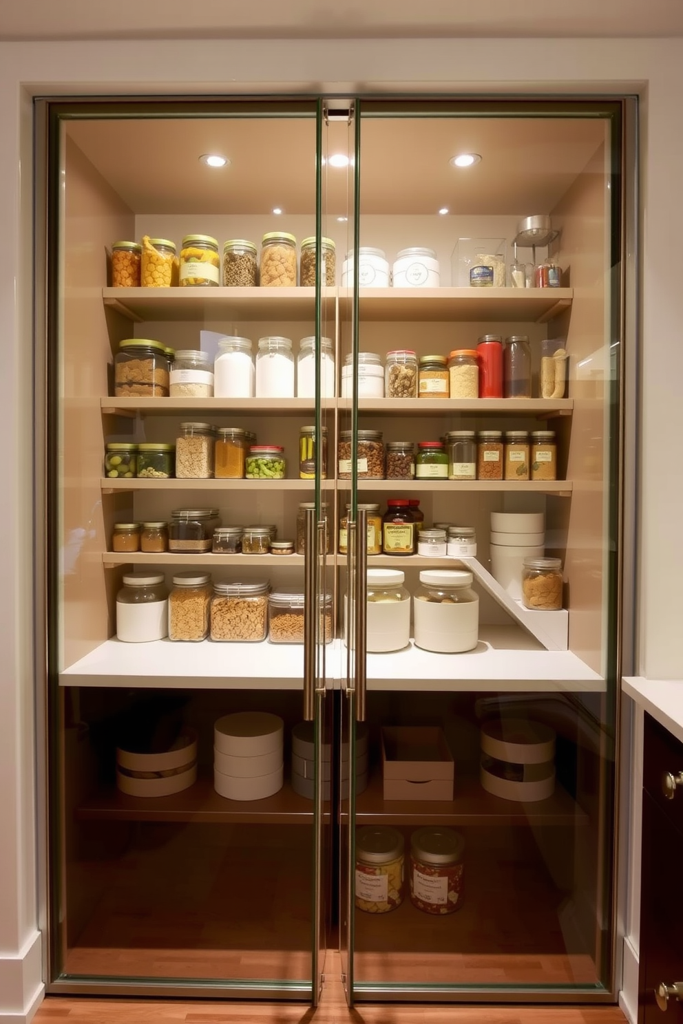 A modern food pantry design featuring glass doors that allow for visibility and style. The interior showcases organized shelves filled with neatly arranged jars and containers, creating an inviting and functional space.