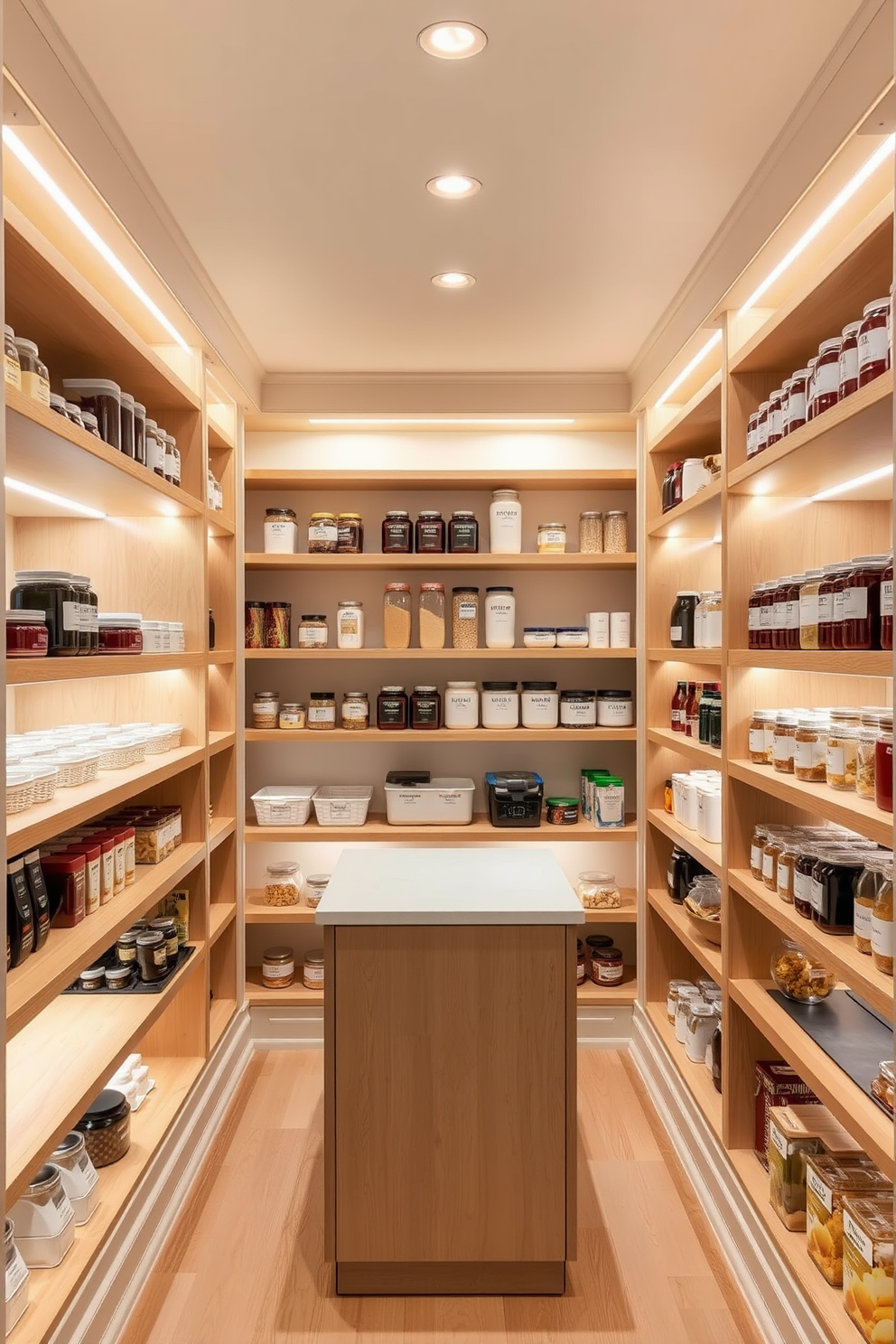 A spacious food pantry with built-in lighting that illuminates every corner. The shelves are crafted from natural wood and neatly organized with labeled containers and jars. The walls are painted in a soft cream color to enhance brightness. A small, stylish island in the center provides additional workspace and storage.