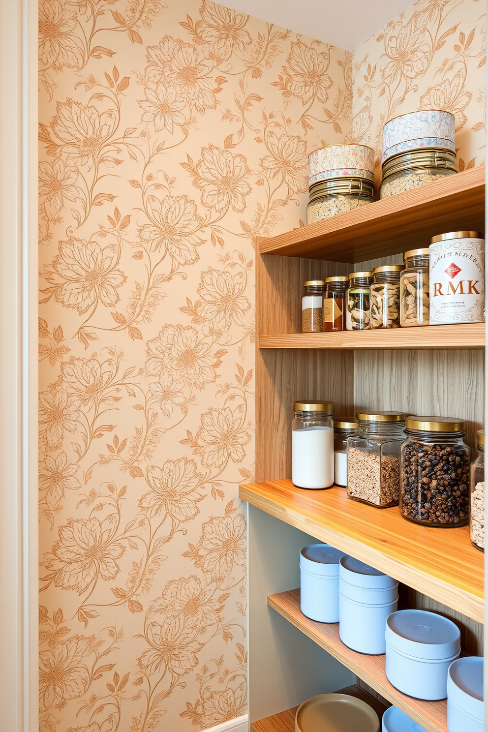 Decorative wallpaper featuring intricate floral patterns creates a stylish backdrop that enhances the overall aesthetic of the space. The colors are soft pastels, adding a touch of elegance while complementing the surrounding decor. For the food pantry design, consider open shelving that showcases neatly organized jars and containers. A warm wood finish for the shelves will provide a cozy feel, while subtle lighting highlights the beautifully arranged items.