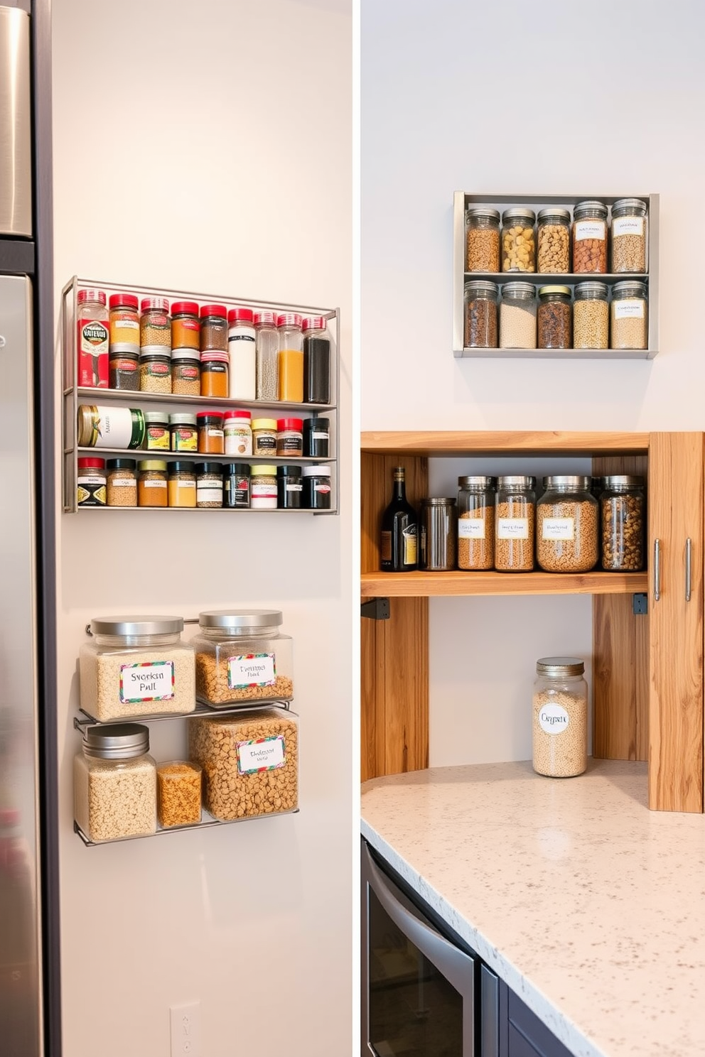 Magnetic spice racks mounted on the walls create a sleek and functional kitchen space. The racks are made of brushed stainless steel, showcasing a variety of colorful spice jars arranged by size for easy access. The food pantry design features open shelving made of reclaimed wood, allowing for ample storage while adding warmth to the kitchen. Glass jars filled with grains and snacks are neatly organized, complemented by stylish labels for a cohesive look.