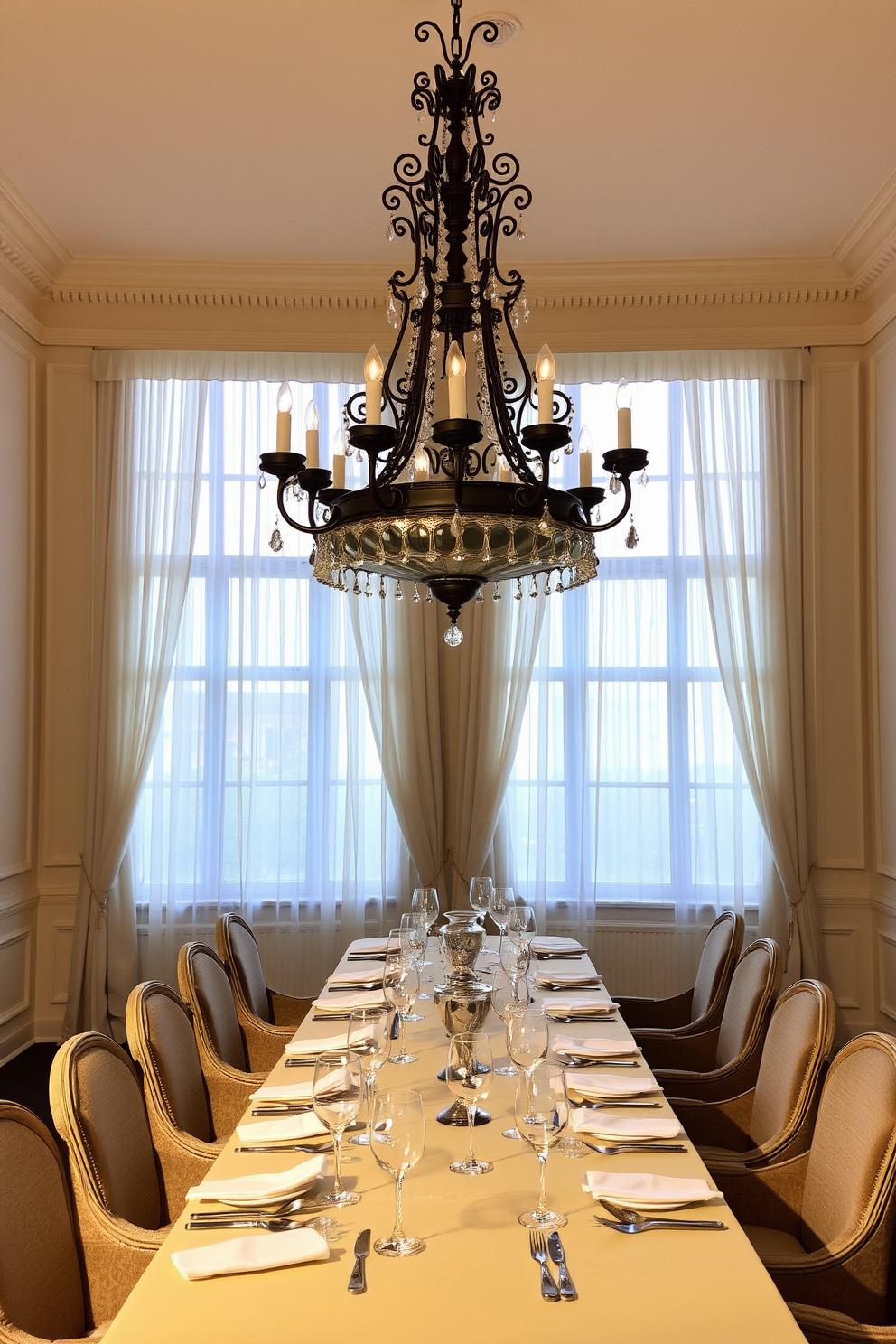 Elegant chandelier above a long table. The table is set with fine china and crystal glassware, surrounded by upholstered chairs in a rich fabric. The walls are adorned with wainscoting painted in a soft cream color. Large windows draped with sheer curtains allow natural light to fill the space, enhancing the warm ambiance.