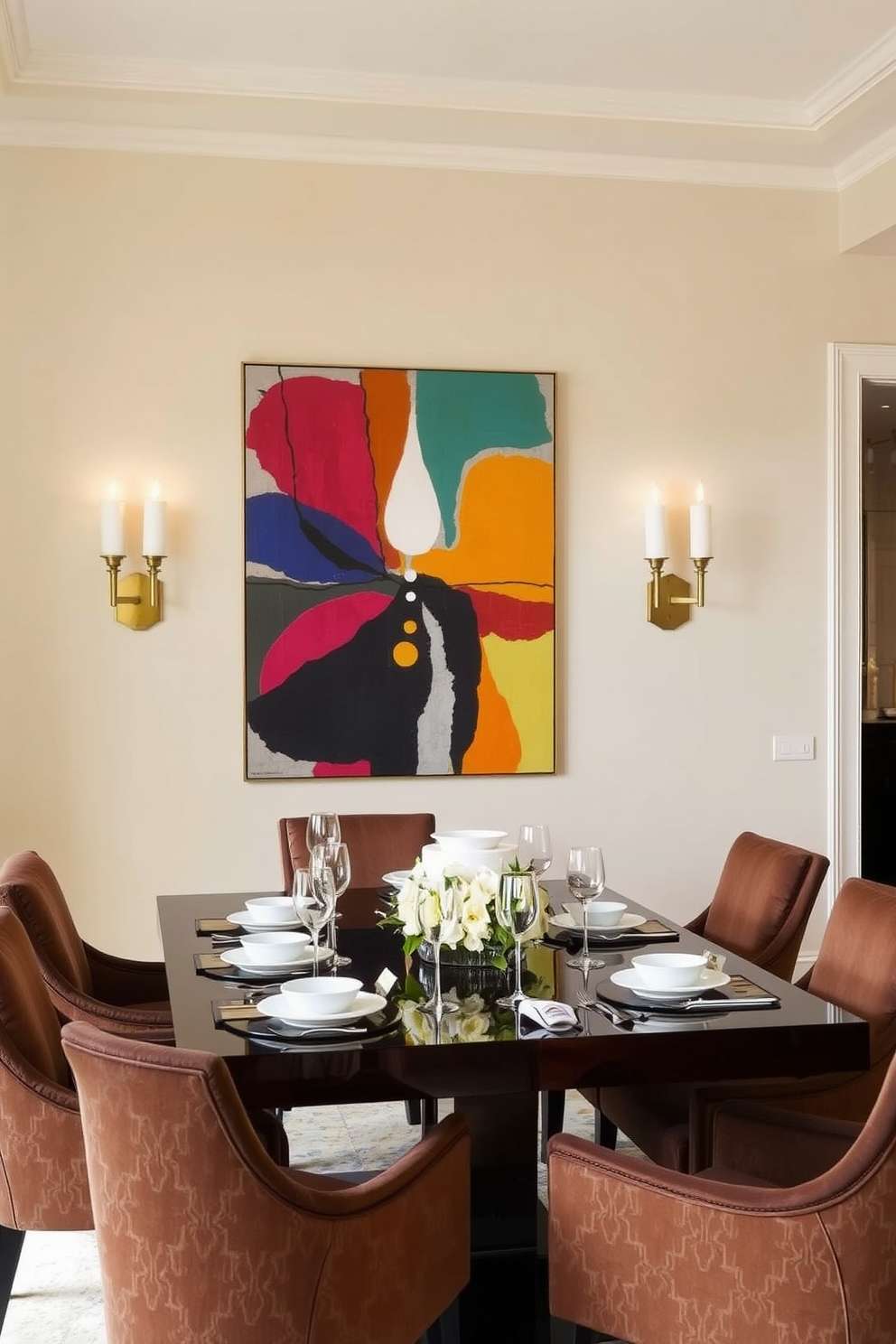 A striking centerpiece artwork hangs on the wall, featuring bold colors and abstract shapes that draw the eye. The artwork is complemented by elegant sconces that provide soft lighting, enhancing the overall ambiance of the space. The dining table is made of dark wood with a polished finish, surrounded by plush upholstered chairs in a rich fabric. A tasteful table setting includes fine china, crystal glassware, and a floral arrangement that adds a touch of freshness.