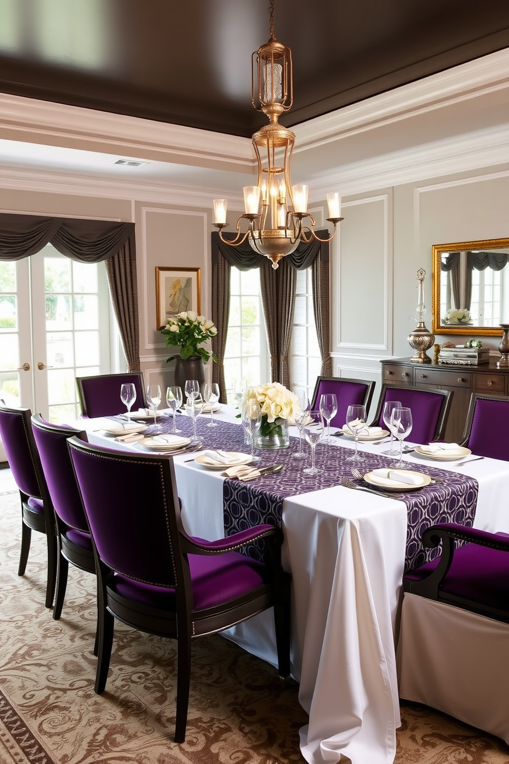 A formal dining room featuring a large rectangular table set with contrasting table linens that add visual interest. The table is adorned with a crisp white tablecloth layered with a bold patterned runner, complemented by elegant dinnerware and polished silverware. Surrounding the table are upholstered chairs in a rich jewel tone, enhancing the room's sophistication. A stunning chandelier hangs overhead, casting a warm glow over the space, while a sideboard displays decorative pieces and glassware.