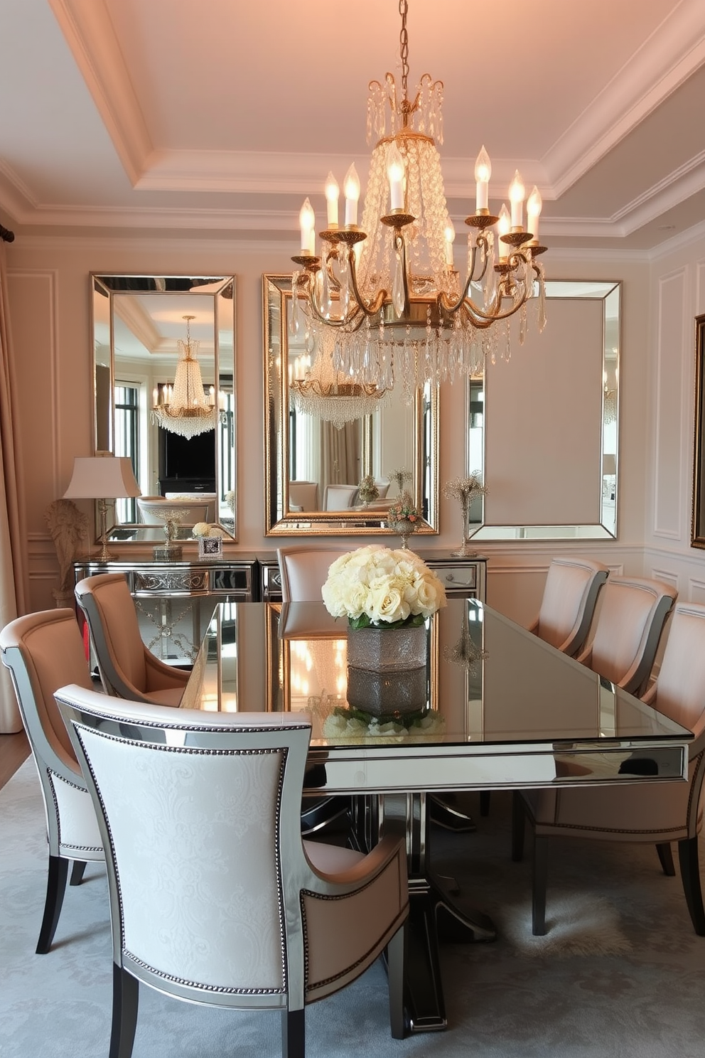 A formal dining room features mirrored furniture that reflects light and adds depth to the space. A large rectangular dining table is surrounded by elegant upholstered chairs, creating an inviting atmosphere for gatherings. The walls are adorned with a soft, neutral color to enhance the glamour of the mirrored accents. A stunning chandelier hangs above the table, casting a warm glow over the room and highlighting the exquisite details of the decor.