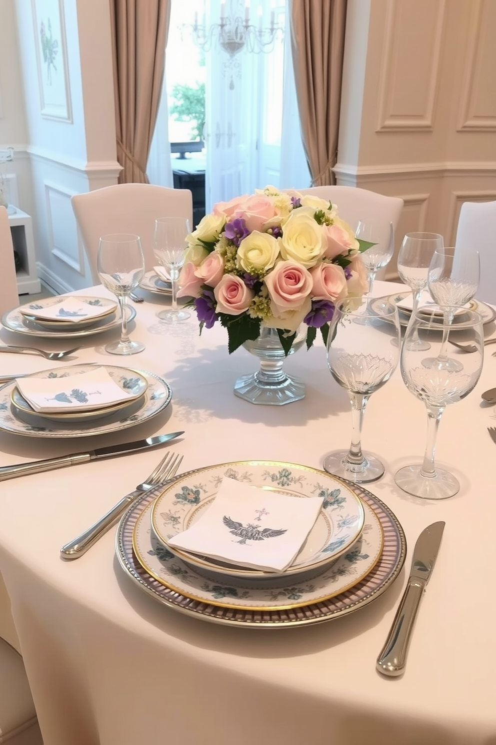 Elegant place settings with fine china. The table is adorned with a crisp white tablecloth, and each place setting features delicate blue and gold patterned china. Crystal glassware sparkles beside polished silverware. A stunning floral centerpiece in a crystal vase adds a touch of sophistication to the ambiance.