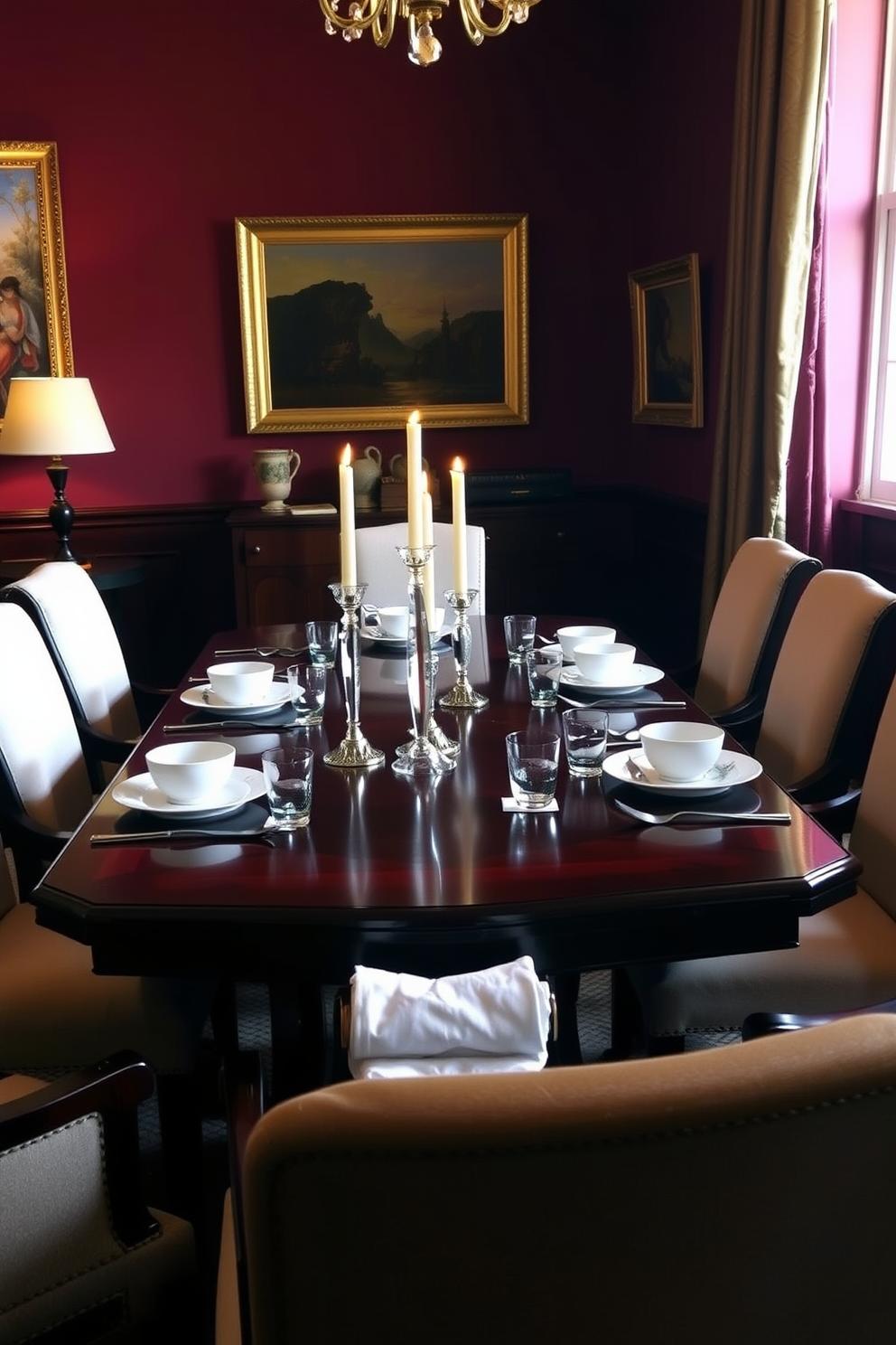 A formal dining room featuring an elegant wooden table set for eight. Crystal candlesticks are placed at the center, casting a warm glow across fine china and polished silverware. The walls are adorned with rich, deep colors and framed artwork that enhances the sophisticated atmosphere. Plush upholstered chairs surround the table, inviting guests to enjoy a memorable dining experience.