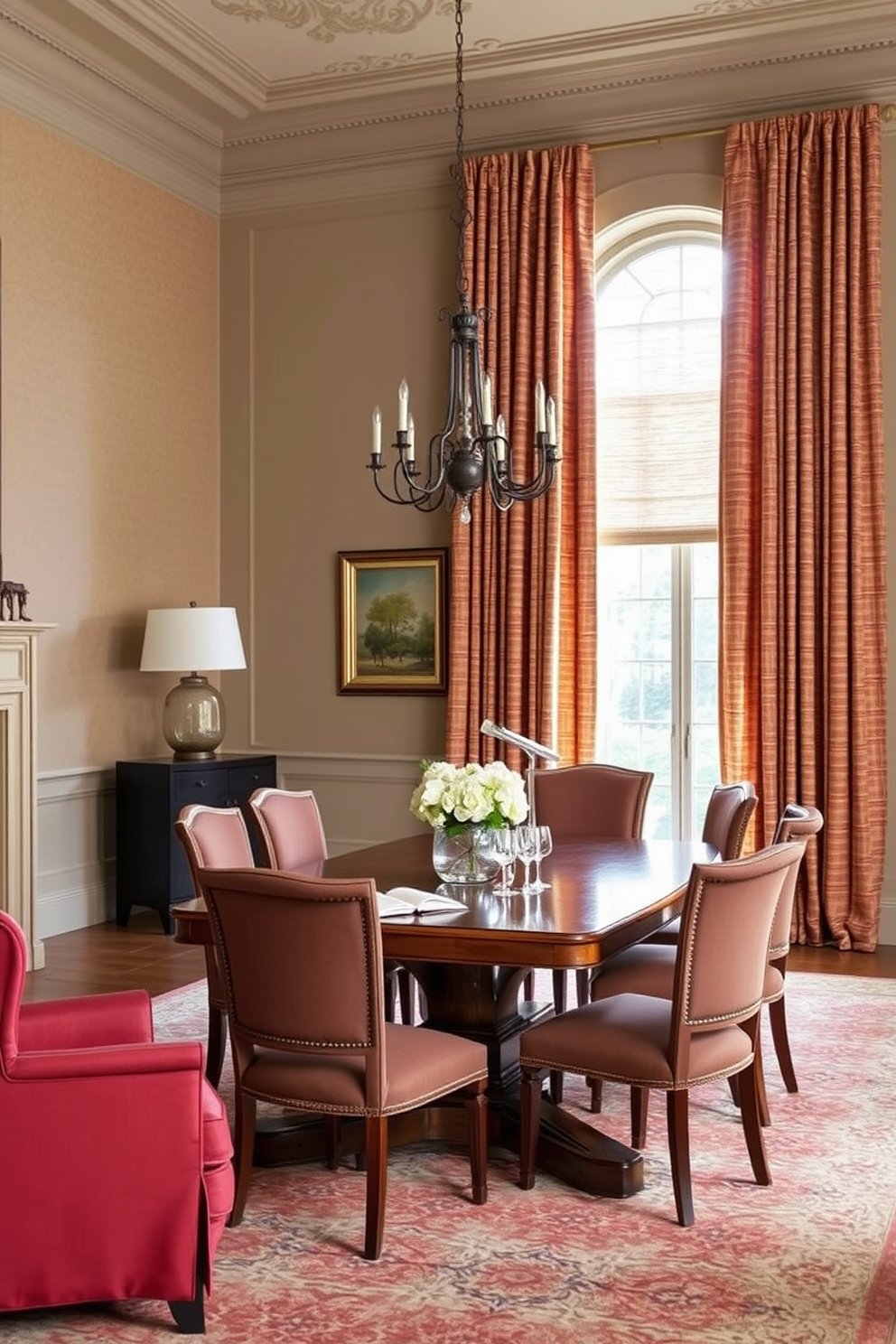 A formal dining room featuring elegant textured fabrics for curtains and upholstery. The room is adorned with a grand wooden dining table surrounded by upholstered chairs in rich colors, creating a warm and inviting atmosphere.