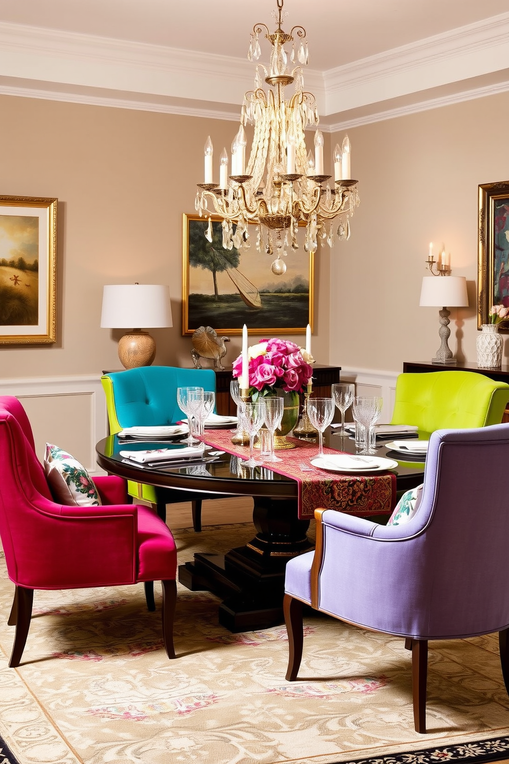 Colorful accent chairs in vibrant hues add a lively touch to a formal dining room. The dining table is elegantly set with fine china and crystal glassware, complemented by a luxurious table runner. The walls are adorned with tasteful artwork that enhances the room's sophistication. A stunning chandelier hangs overhead, casting a warm glow over the space and highlighting the rich textures of the upholstered chairs.