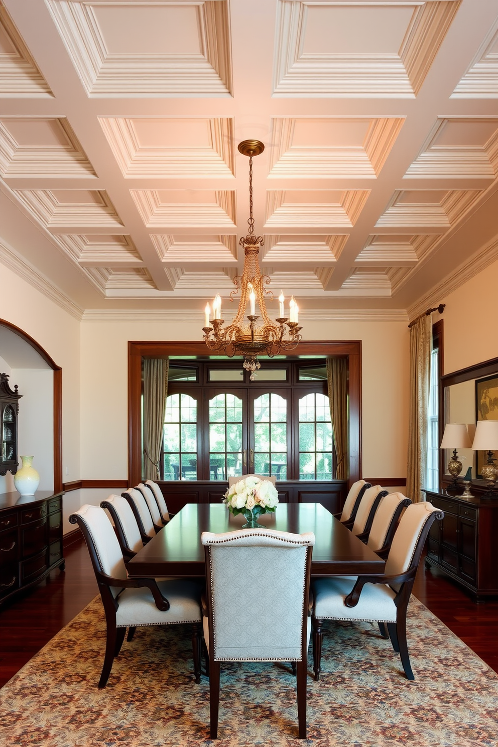 A formal dining room featuring elegant coffered ceilings that add depth and sophistication to the space. The room is adorned with a large rectangular dining table surrounded by upholstered chairs, creating a warm and inviting atmosphere. Rich wood accents highlight the architectural details, complementing the soft color palette of the walls. A stunning chandelier hangs above the table, casting a warm glow over the setting and enhancing the overall elegance of the room.