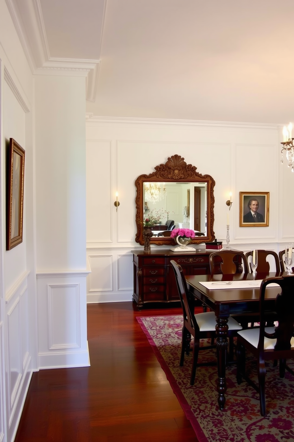 A classic white wainscoting lines the walls of an elegant dining room, creating a timeless backdrop. Dark wood accents, including a richly stained dining table and matching chairs, add depth and sophistication to the space. A stunning chandelier hangs above the table, casting a warm glow over the setting. The room is adorned with tasteful artwork and a large, ornate mirror that enhances the sense of space and luxury.