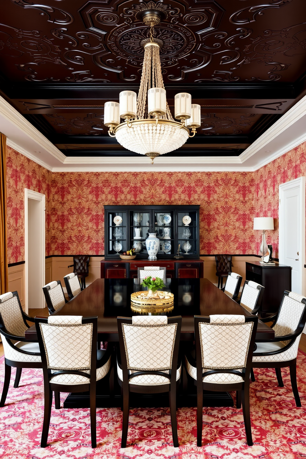 A formal dining room featuring art deco elements that exude vintage flair. The room showcases a grand rectangular table with a polished dark wood finish surrounded by elegant upholstered chairs with geometric patterns. The ceiling boasts intricate plasterwork with a stunning chandelier that adds a touch of glamour. Richly colored wallpaper with bold motifs complements the luxurious feel of the space, while a sideboard displays fine china and vintage glassware.