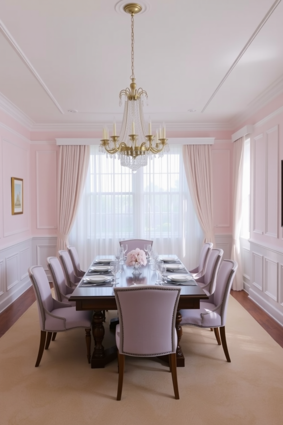 A formal dining room featuring a soft pastel palette creates a serene atmosphere. The walls are painted in a light blush color, complemented by elegant wainscoting and soft white crown molding. A large wooden dining table is set with delicate china and crystal glassware, surrounded by upholstered chairs in a muted lavender fabric. A stunning chandelier hangs above the table, casting a warm glow over the space, while sheer curtains frame the windows, allowing natural light to filter in softly.