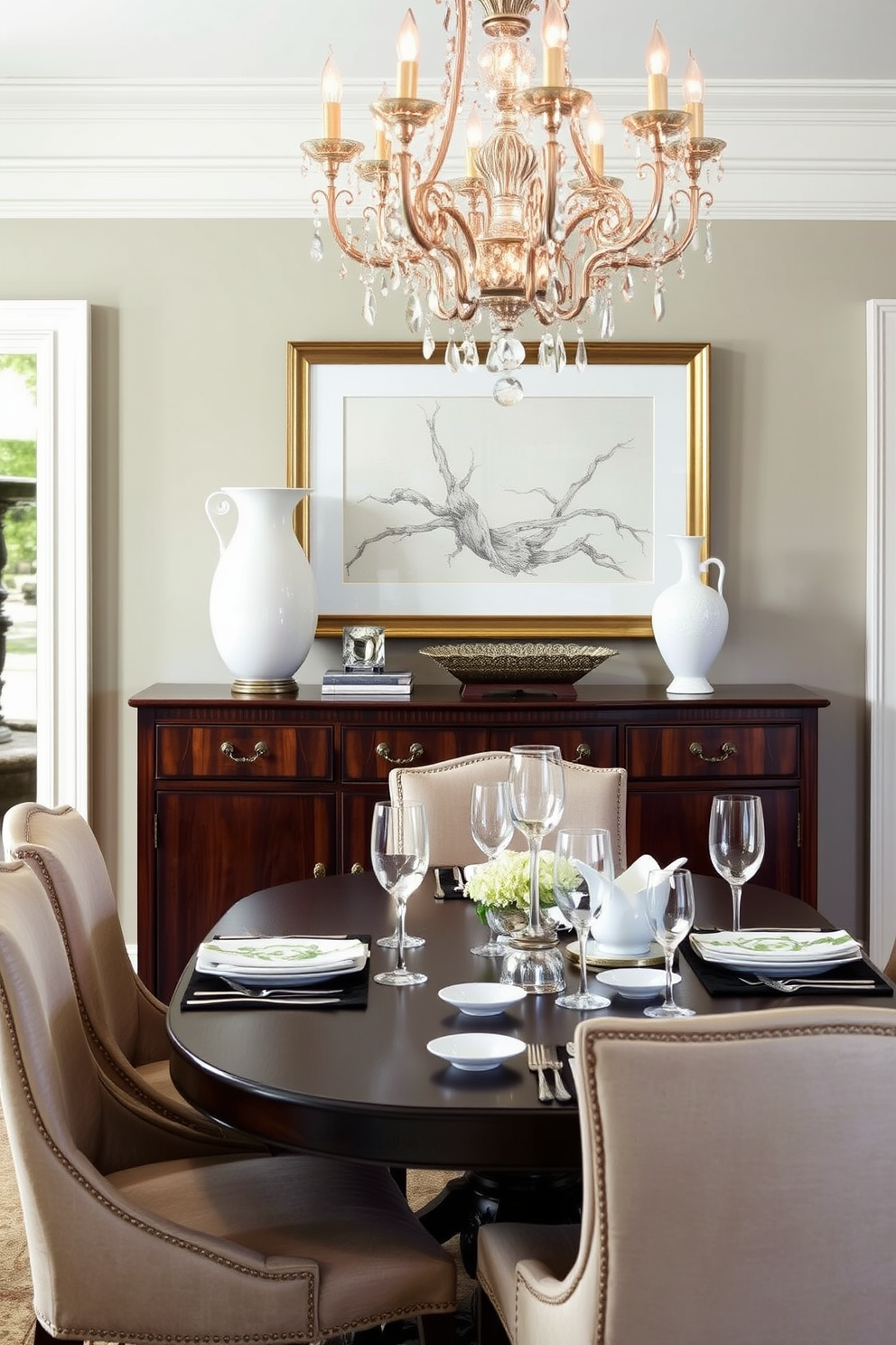 A stylish buffet for serving and display is positioned against a wall in a formal dining room. The buffet features a rich wood finish with elegant hardware and is adorned with decorative items such as a large vase and framed artwork above it. The dining table is set with fine china and crystal glassware, creating an inviting atmosphere for guests. Plush upholstered chairs surround the table, and a stunning chandelier hangs overhead, casting a warm glow over the space.