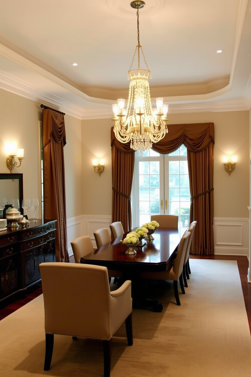 A formal dining room featuring elegant mood lighting created by stylish wall sconces. The room is adorned with a long wooden dining table surrounded by upholstered chairs, with a stunning chandelier hanging above. The walls are painted in a soft neutral tone, complemented by rich drapery framing large windows. A decorative sideboard holds fine china and glassware, adding a touch of sophistication to the space.