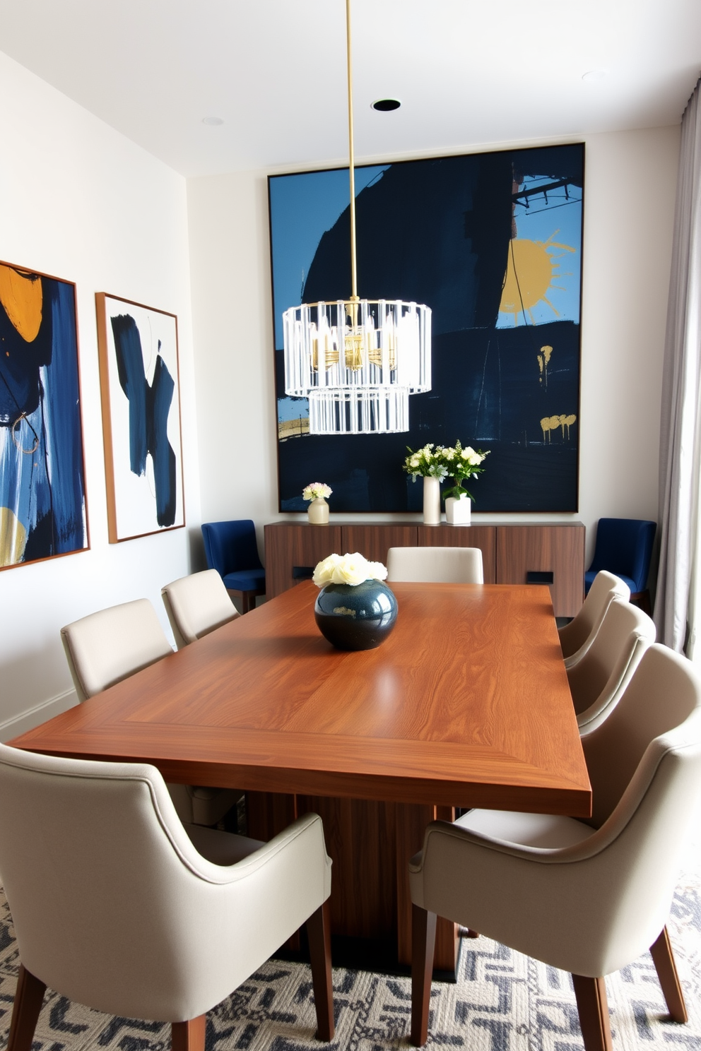 A contemporary dining room featuring a large wooden table with sleek lines and upholstered chairs. The walls are adorned with bold abstract art pieces that serve as striking focal points, enhancing the modern aesthetic. A statement chandelier hangs above the table, providing both illumination and artistic flair. The space is complemented by a neutral color palette with accents of deep blue and gold, creating an inviting yet sophisticated atmosphere.