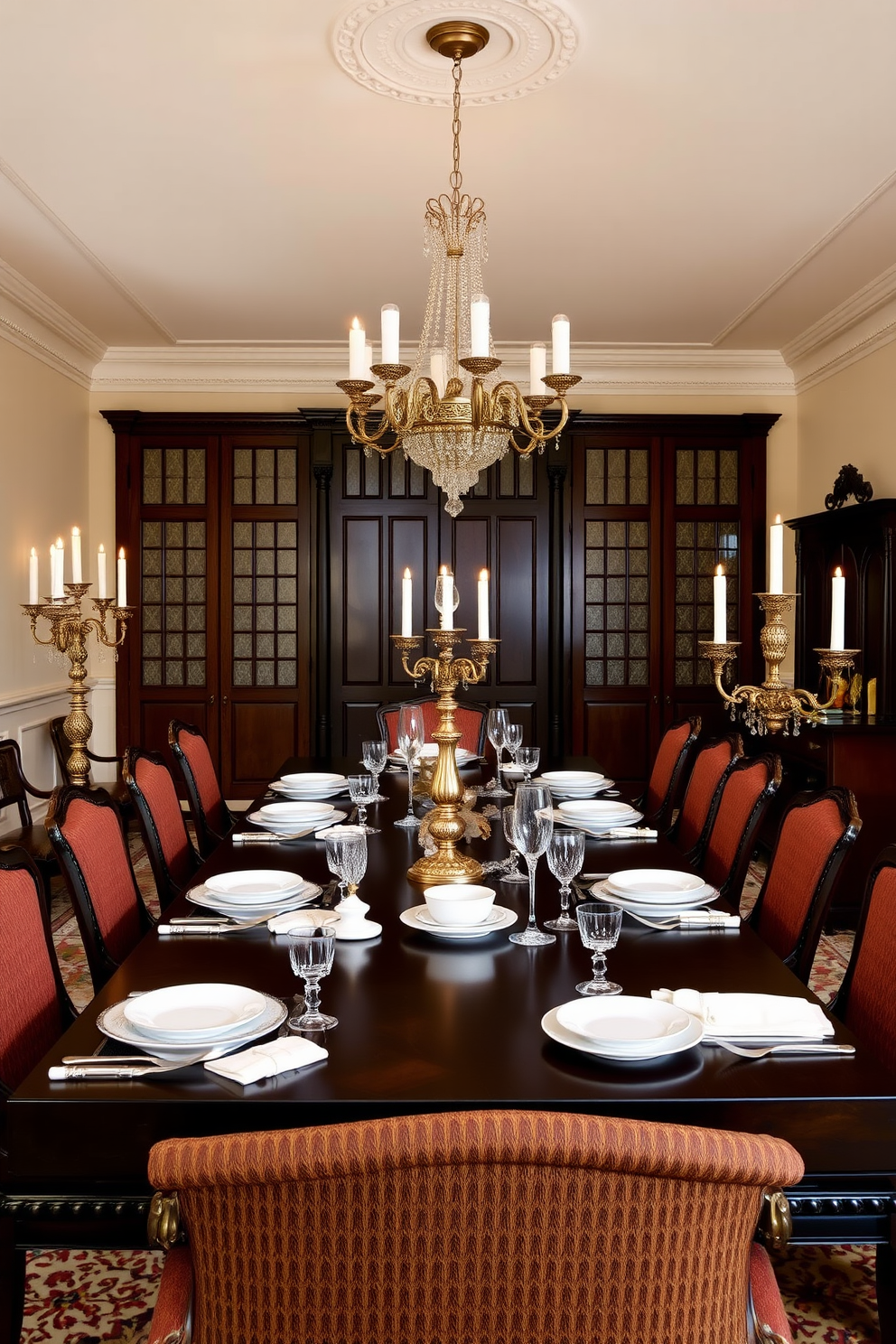 A formal dining room featuring traditional candelabras that exude timeless elegance. The room is adorned with a long mahogany table set for eight, surrounded by upholstered chairs in rich fabrics. On the table, elegant china and crystal glassware are perfectly arranged, while the candelabras cast a warm glow. The walls are painted in a soft cream, complemented by a classic chandelier hanging above the table.