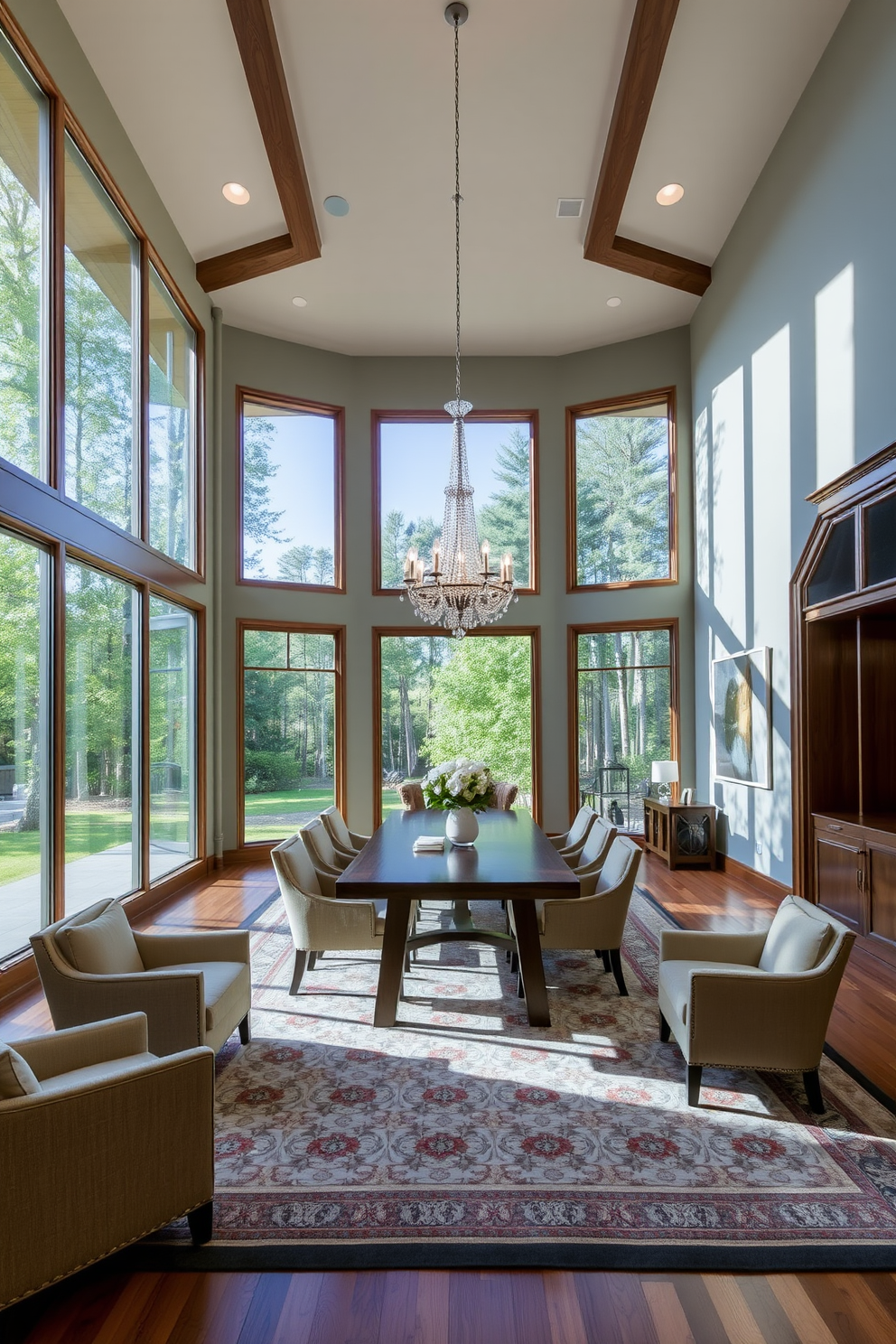 A formal dining room featuring floor-to-ceiling windows that allow abundant natural light to flood the space. The room is elegantly furnished with a long wooden dining table surrounded by upholstered chairs in a neutral fabric. A stunning chandelier hangs above the table, casting a warm glow over the setting. The walls are painted in a soft gray tone, complemented by rich wooden accents and a large area rug underneath the table.