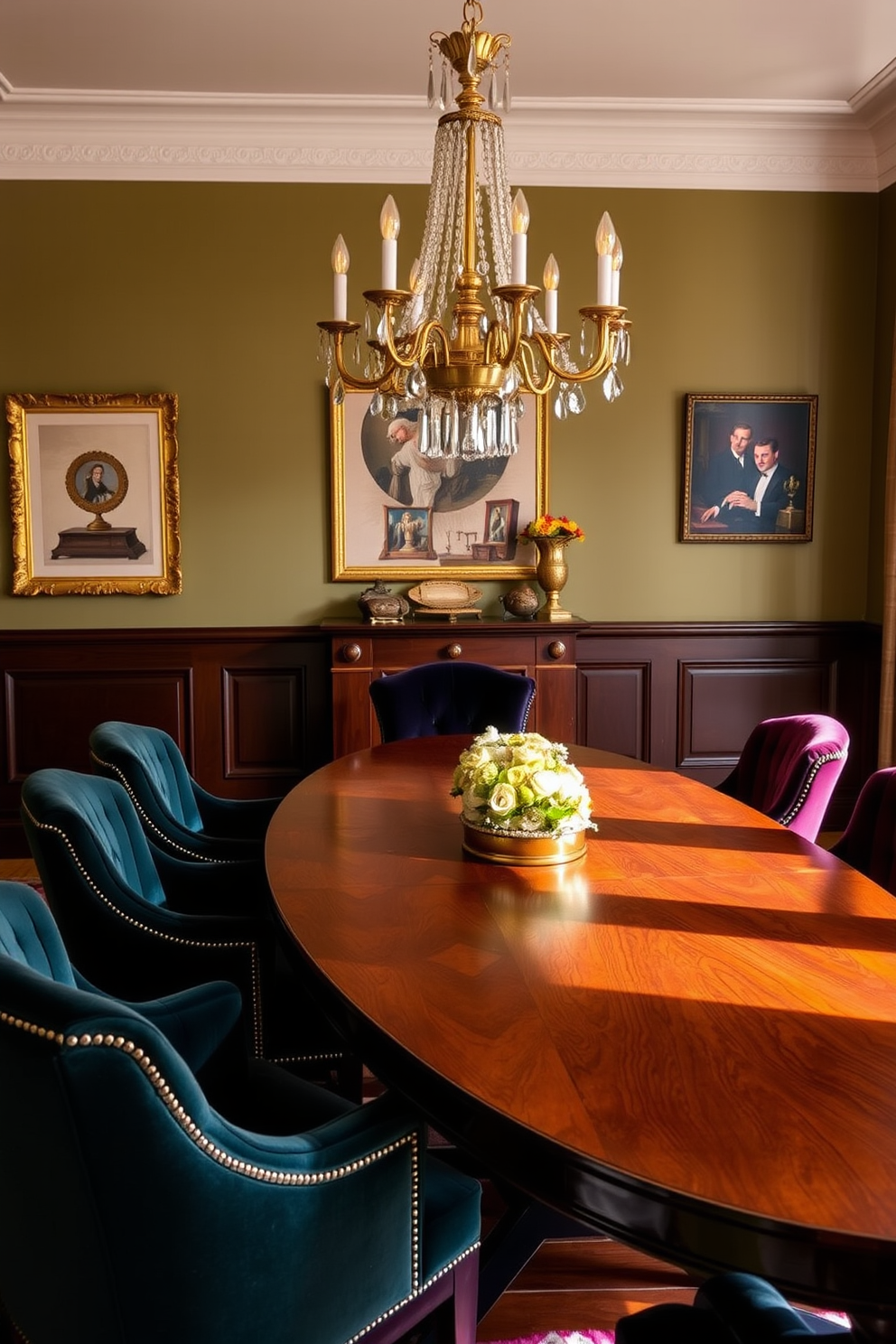 A rich wood dining table is surrounded by luxurious velvet chairs in deep jewel tones. The room features an elegant chandelier hanging above the table, casting a warm glow over the setting.