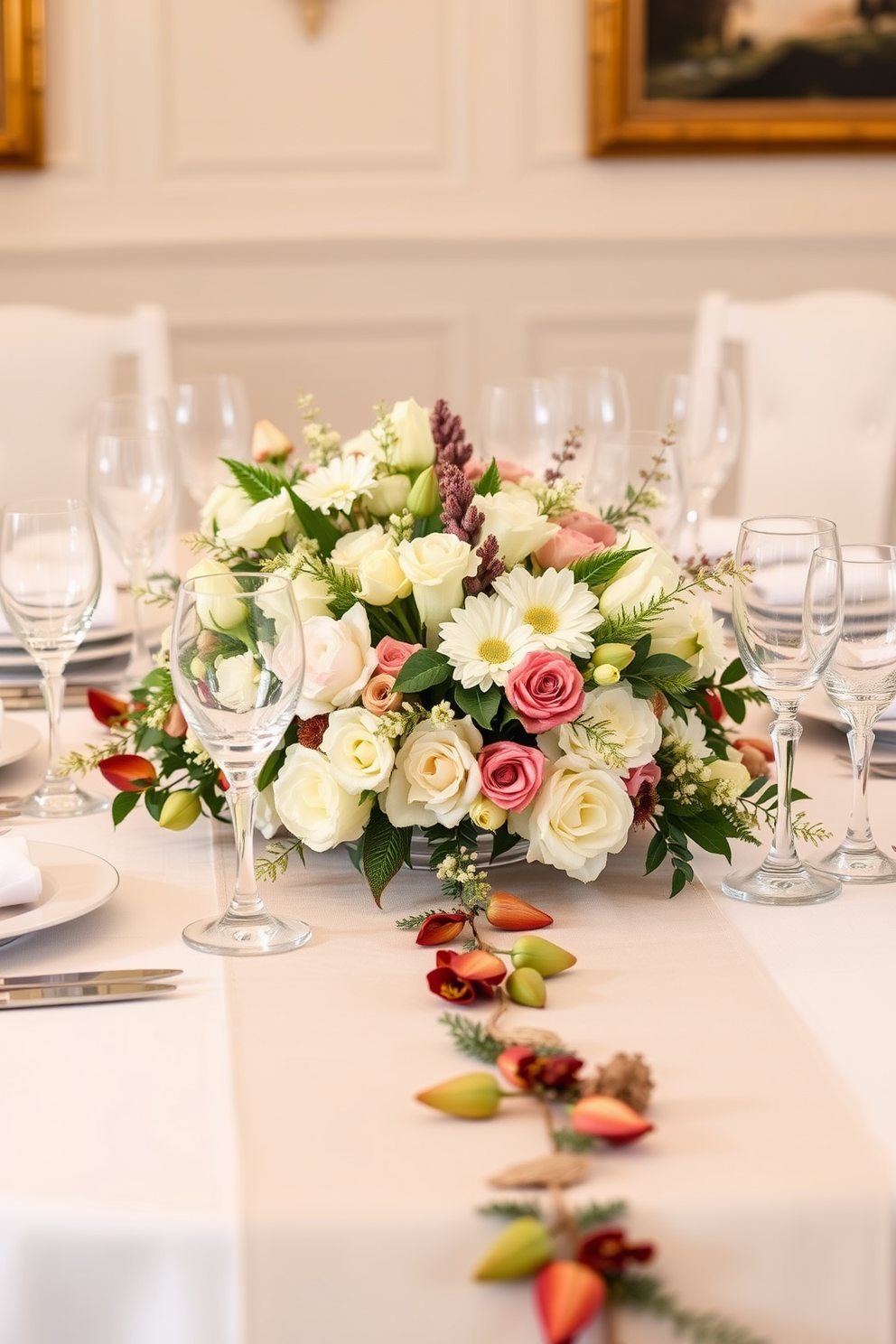 Elegant table runner with seasonal decor. The table is set with fine china and crystal glassware, complemented by an array of fresh flowers in a stylish centerpiece.