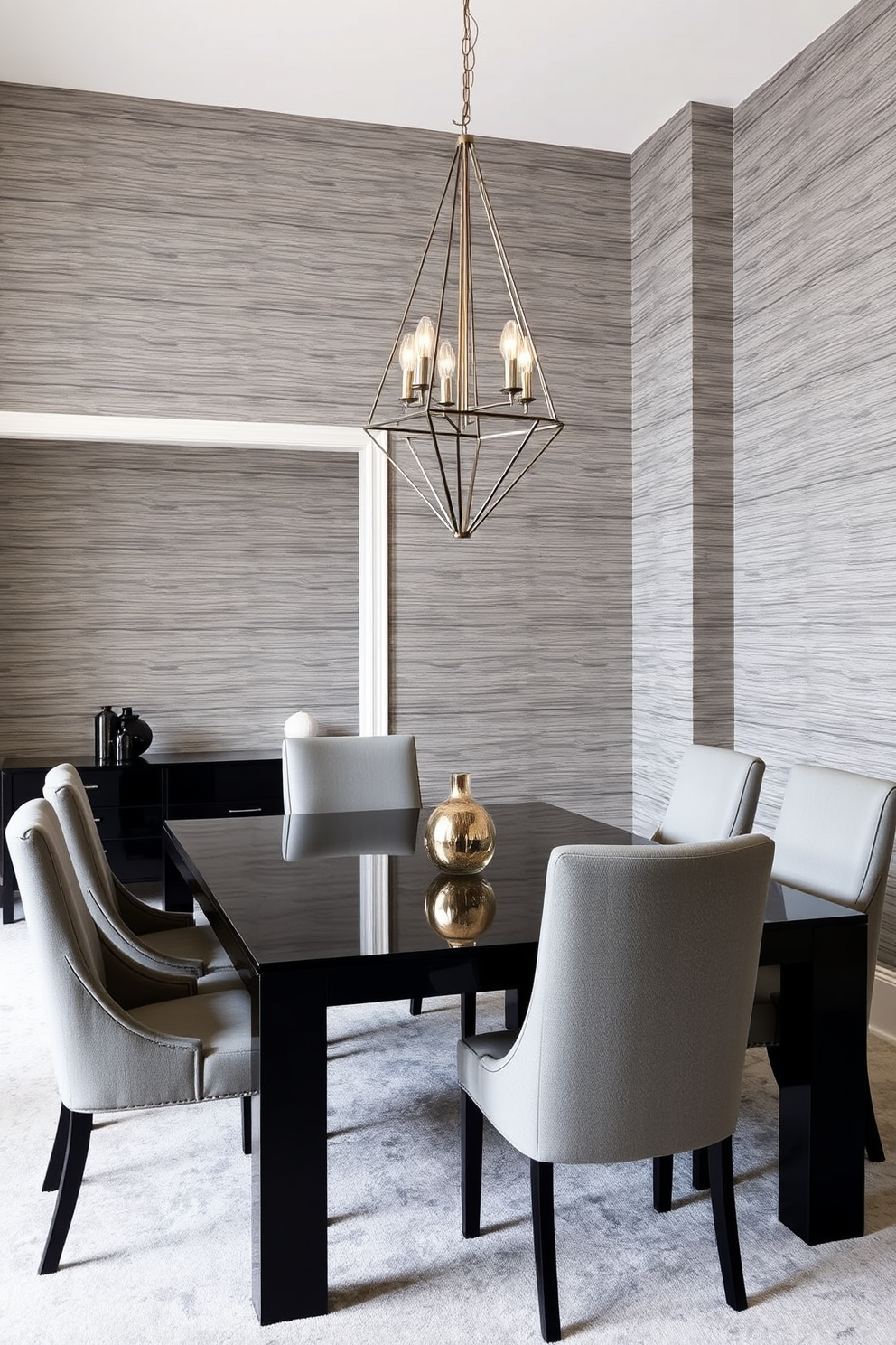 A formal dining room featuring a monochromatic color scheme that exudes modern elegance. The walls are adorned with textured wallpaper in varying shades of gray, complemented by a sleek, rectangular dining table made of polished black wood. Surrounding the table are high-back chairs upholstered in a soft gray fabric, creating a cohesive look. A statement chandelier with geometric lines hangs above the table, casting a warm glow over the space.