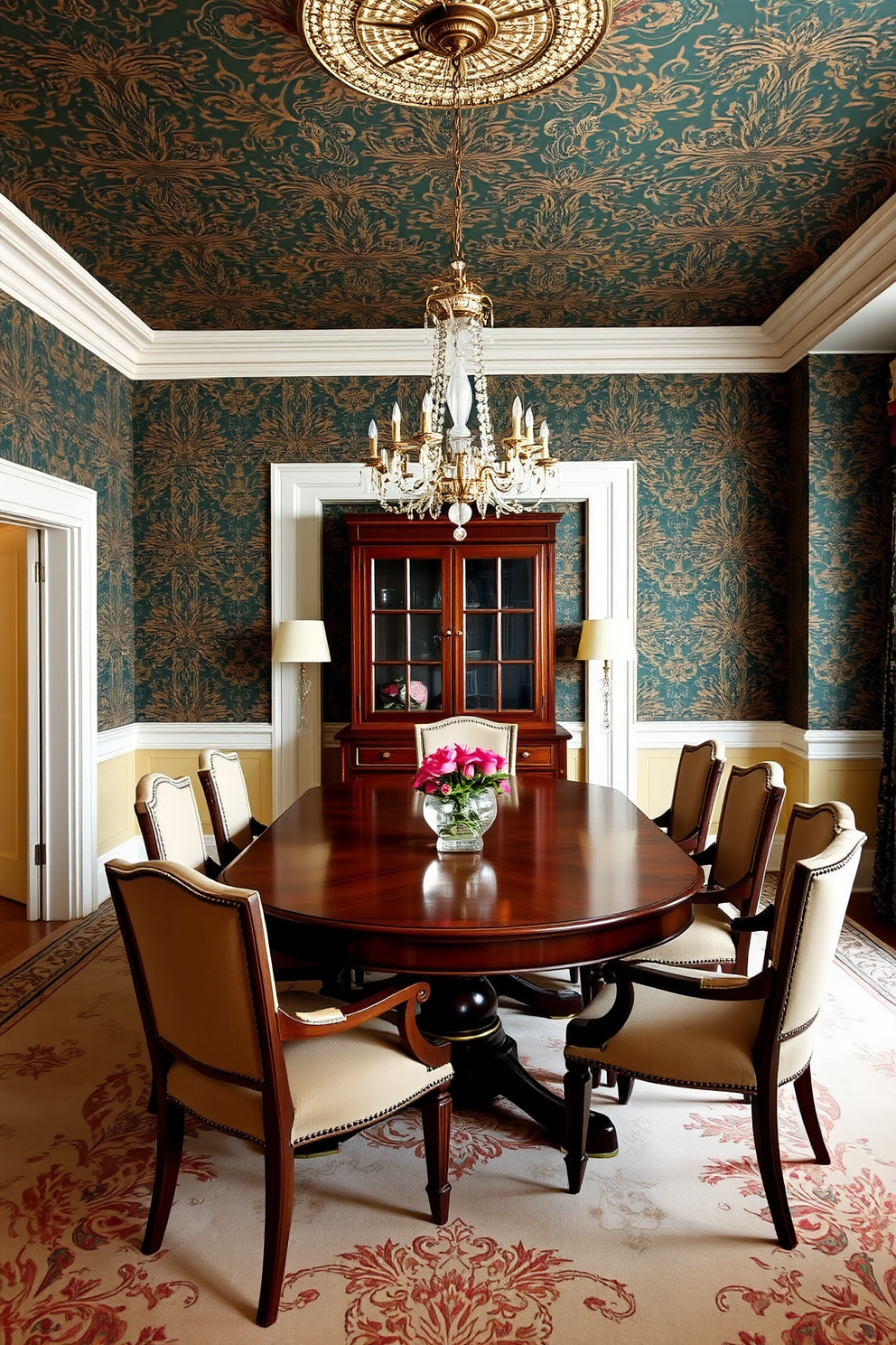 A formal dining room with bold wallpaper featuring intricate patterns in rich colors. A large wooden dining table is centered in the room, surrounded by elegant upholstered chairs, and a stunning chandelier hangs above, casting a warm glow.