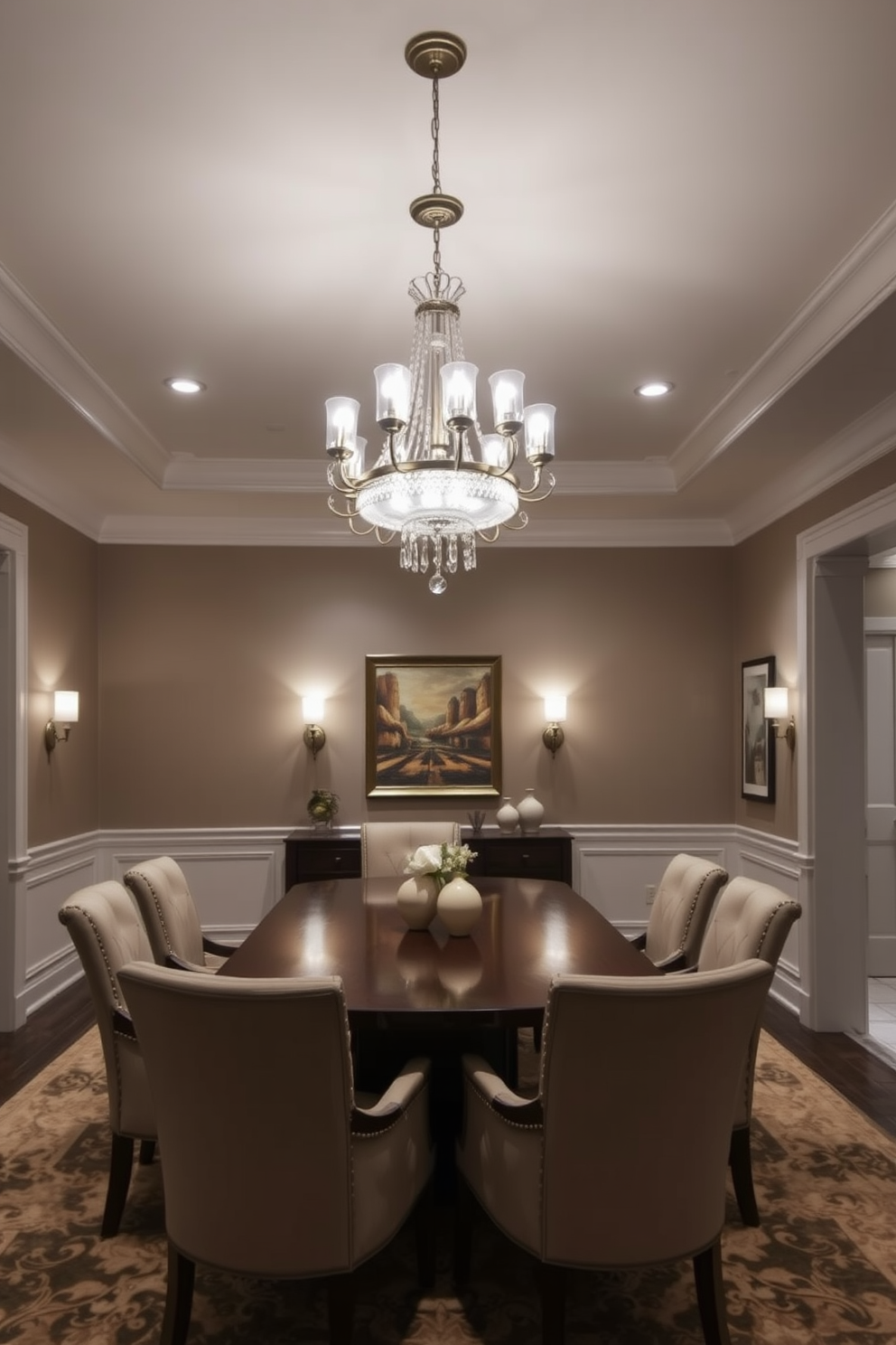 A formal dining room featuring layered lighting with dimmable fixtures creates an inviting atmosphere. The centerpiece is a large wooden table surrounded by upholstered chairs, complemented by a stunning chandelier above. Soft wall sconces add warmth to the space, while recessed lighting highlights the artwork on the walls. A neutral color palette with rich textures enhances the elegance of the room, making it perfect for entertaining guests.