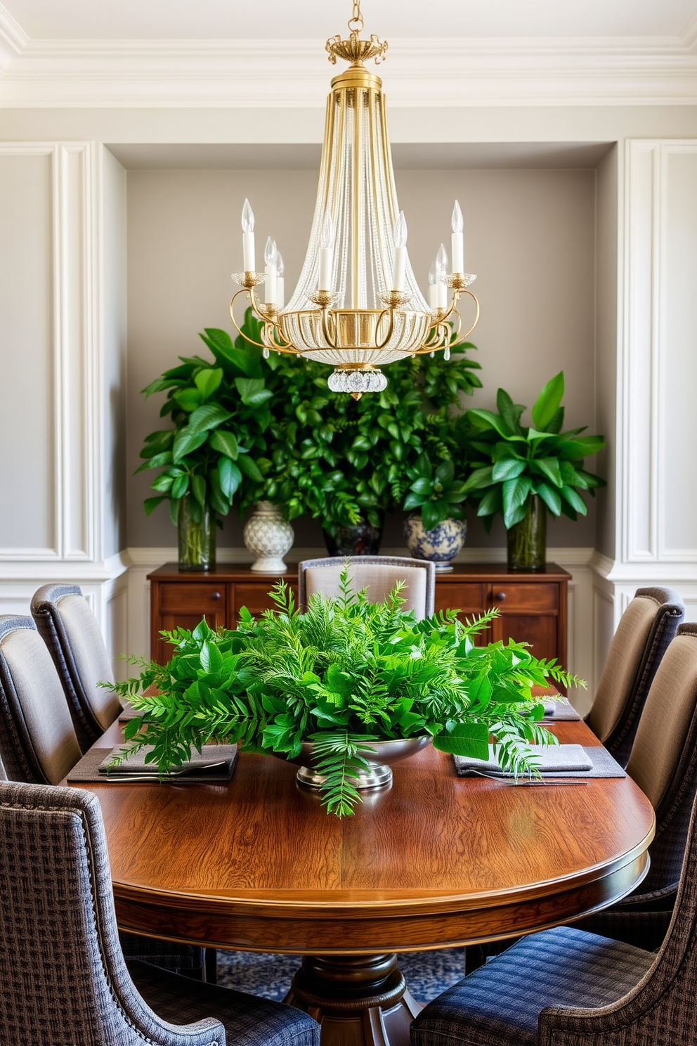 Lush greenery in stylish centerpieces enhances the elegance of a formal dining room. Richly textured table linens complement the vibrant foliage, creating a harmonious and inviting atmosphere. Formal dining room design ideas include a grand wooden table surrounded by upholstered chairs that exude sophistication. A statement chandelier hangs above, casting a warm glow over the beautifully arranged greenery that adorns the table.