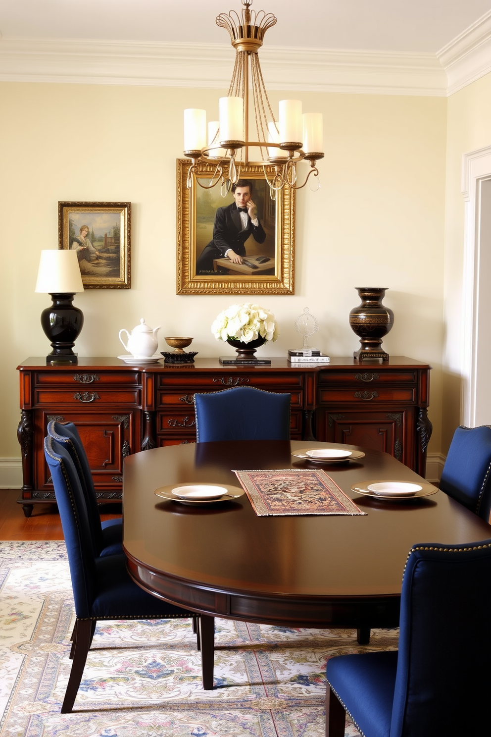 A formal dining room featuring an antique sideboard made of rich mahogany with intricate carvings and brass hardware. The sideboard is adorned with elegant tableware and a decorative runner, enhancing the room's sophisticated ambiance. The dining table is set for six, surrounded by upholstered chairs in a deep navy fabric. Elegant pendant lighting hangs above, casting a warm glow over the space, while the walls are painted in a soft cream color to create a welcoming atmosphere.