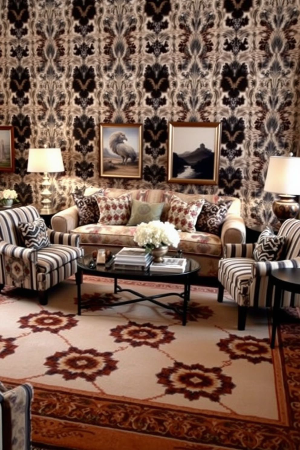 A formal living room featuring an elegant mix of patterns to create visual interest. The space includes a plush sofa upholstered in a floral fabric paired with striped accent chairs. A large area rug with geometric designs anchors the seating arrangement while adding depth to the room. Decorative throw pillows in various textures and patterns are arranged on the sofa, enhancing the overall aesthetic.