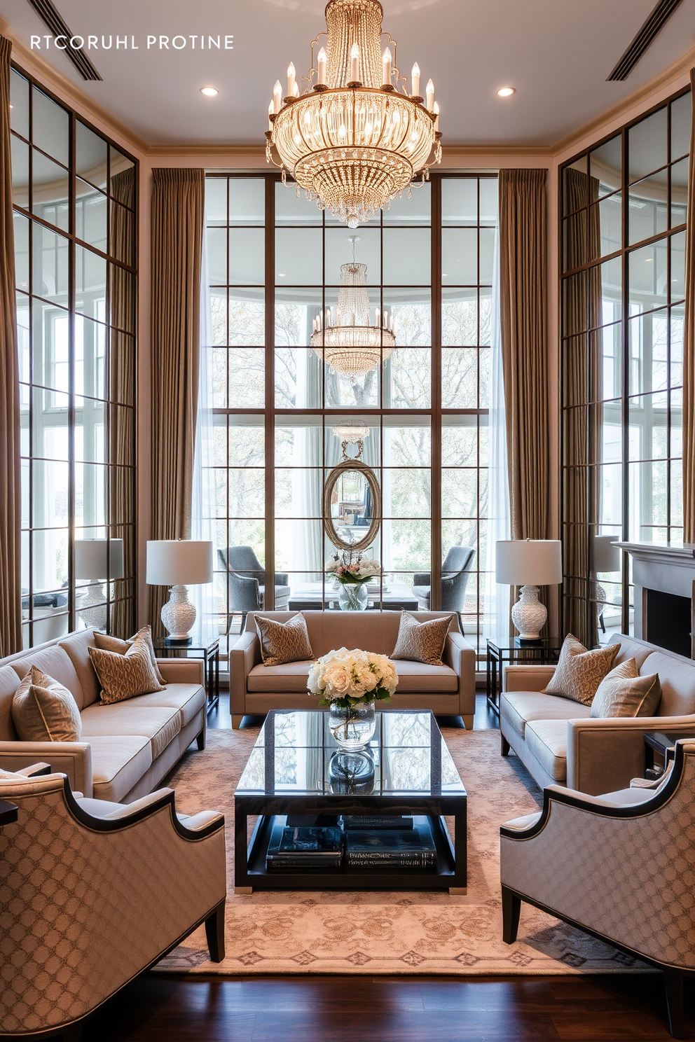 A formal living room featuring large mirrors that reflect natural light and create an airy ambiance. The space is adorned with plush sofas and elegant armchairs arranged around a sophisticated coffee table. Rich drapery frames the windows, complementing the soft color palette of the room. A statement chandelier hangs from the ceiling, adding a touch of luxury to the overall design.