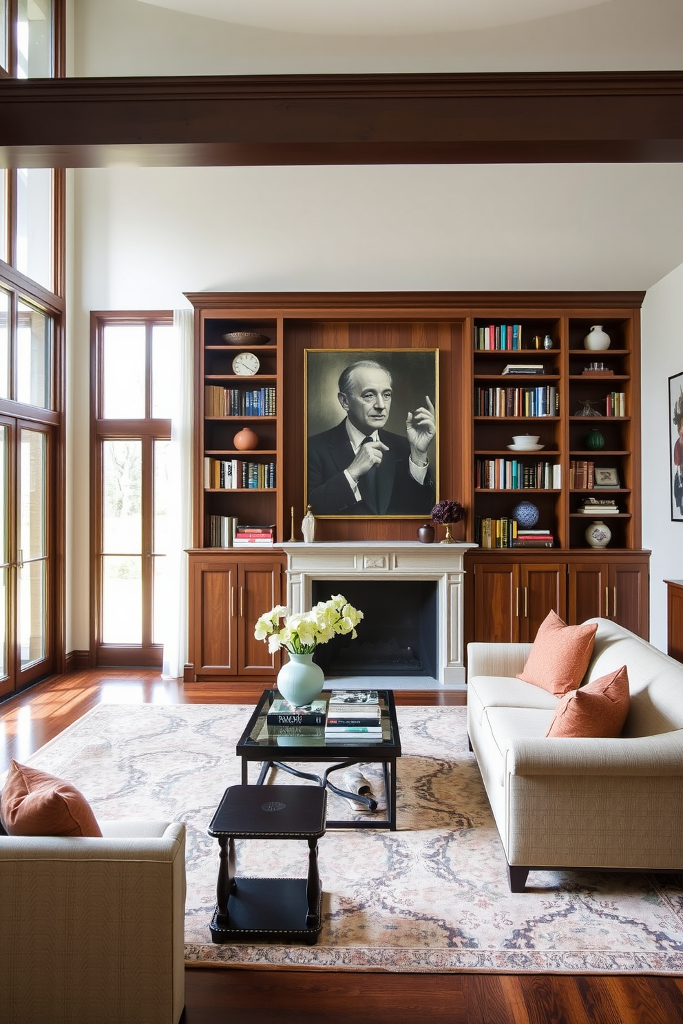 A formal living room features built-in shelves that elegantly display a curated collection of books and decorative items. The shelves are crafted from rich wood and complement the plush upholstery of the seating area. The room is anchored by a sophisticated area rug that adds warmth and texture. Large windows allow natural light to flood in, highlighting the carefully chosen artwork that adorns the walls.