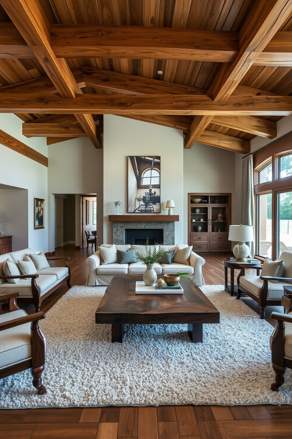 A formal living room featuring natural wood accents that enhance warmth and richness. The space includes a large, plush sofa upholstered in a neutral fabric, complemented by elegant armchairs with wooden frames and soft cushions. Rich wooden beams stretch across the ceiling, adding depth and character to the room. A large coffee table made of reclaimed wood sits in the center, surrounded by tasteful decor and a plush area rug that ties the space together.