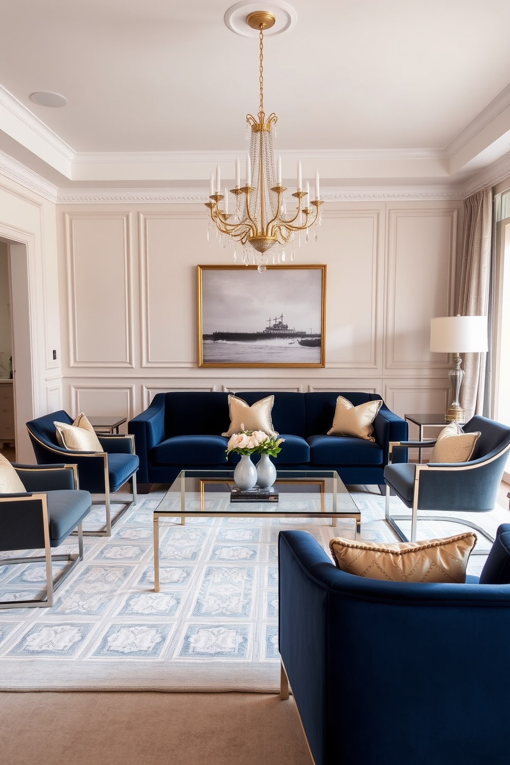 A formal living room adorned with subtle metallic accents that add a touch of glamour. The walls are painted in a soft cream color, complemented by a plush velvet sofa in deep navy blue. A pair of elegant armchairs with metallic legs flanks a sleek glass coffee table at the center. A statement chandelier with delicate gold details hangs gracefully from the ceiling, illuminating the space. Decorative pillows with metallic threads are arranged on the sofa, enhancing the luxurious feel. A large area rug with a subtle geometric pattern anchors the seating arrangement, creating a cozy atmosphere.