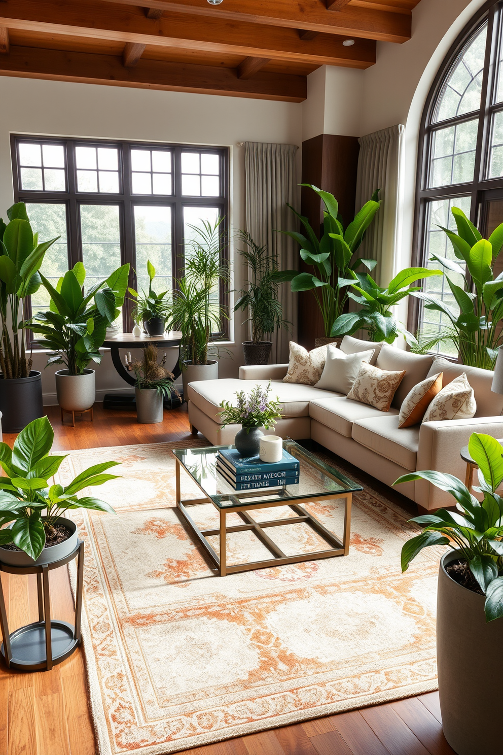 A stylish formal living room featuring an array of indoor plants that enhance the fresh and lively ambiance. The space includes a plush sectional sofa in neutral tones, complemented by vibrant green foliage in elegant planters placed strategically around the room. A sleek coffee table made of glass and metal sits at the center, adorned with a few decorative books and a small potted plant. Large windows allow natural light to flood the space, highlighting the rich textures of the area rug and the warm wood accents throughout the room.