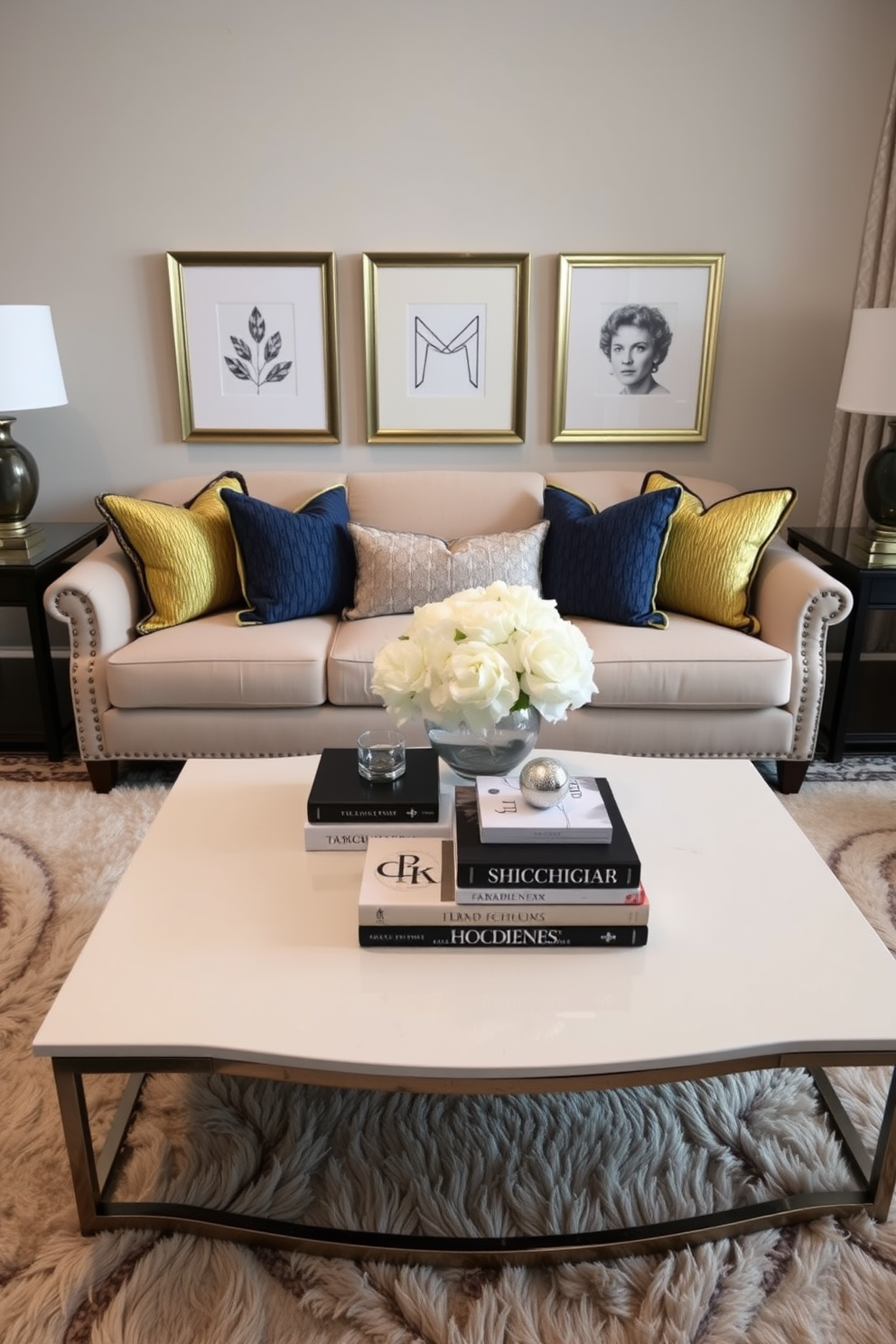 Textured throw pillows in various shades of blue and gold add comfort and style to the formal living room. The elegant sofa is complemented by a plush area rug, while a sleek coffee table sits at the center, adorned with decorative books and a chic centerpiece.