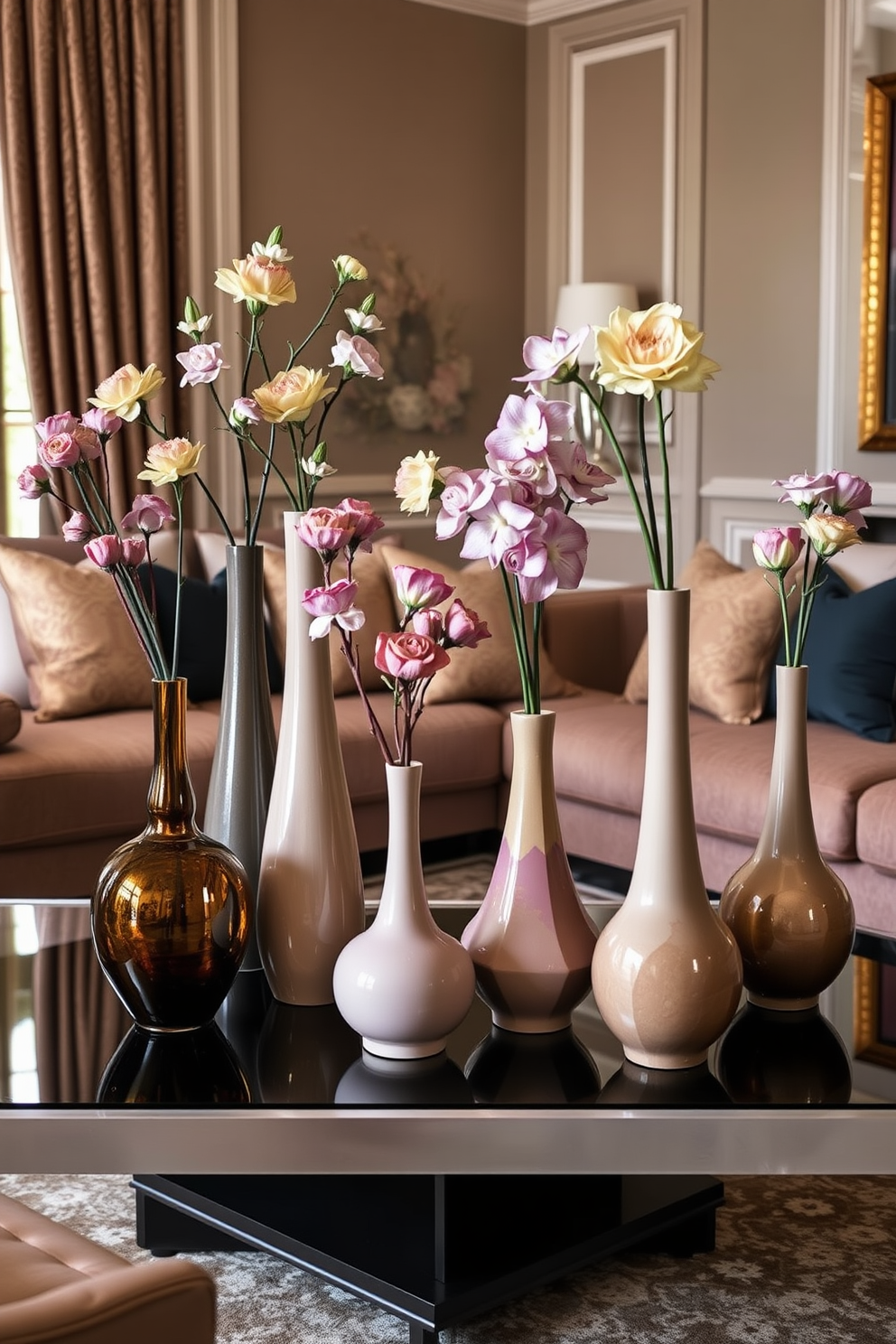 A collection of decorative vases in various heights and shapes arranged on a sleek coffee table. Each vase is filled with fresh flowers that complement the room's color palette, adding a touch of elegance to the space. A formal living room designed for both comfort and sophistication. Plush seating is arranged around a central coffee table, with rich fabrics and textures enhancing the overall aesthetic.