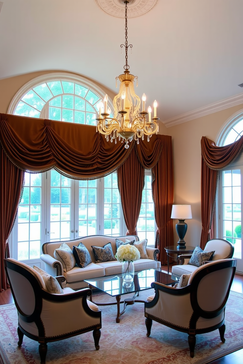 Custom window treatments for unique flair. Elegant drapes in a rich velvet fabric frame large, arched windows, allowing soft light to filter into the room. Formal Living Room Design Ideas. A grand chandelier hangs from the ceiling, illuminating a seating arrangement featuring a plush sofa and ornate armchairs, all accented with decorative pillows in complementary colors.