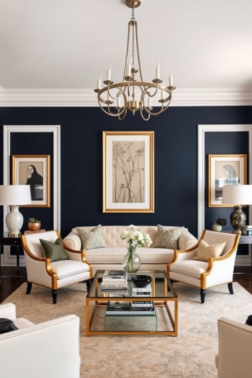 A formal living room featuring a bold accent wall in deep navy blue, creating a striking focal point. Elegant furnishings include a plush cream sofa and a pair of gold-accented armchairs, arranged around a sleek glass coffee table. The room is adorned with tasteful artwork that complements the accent wall, adding sophistication to the space. Soft lighting from a modern chandelier casts a warm glow, enhancing the inviting atmosphere of the room.